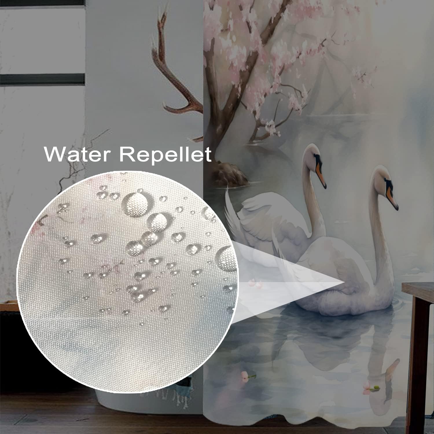 Love Swan Shower Curtain for Bathroom Pink Sakura Floral Trees Bathtub Room Partition Door Divider Decor White Swans Water Lake River Waterproof Fabric Shower Curtains 72x72 Inches