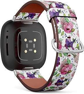 CJBROES Replacement Leather Watch Band, Compatible with Fitbit Versa 3 and Fitbit Sense of Wristband Bracelet Accessory - Watercolor-Beautiful-Peonies