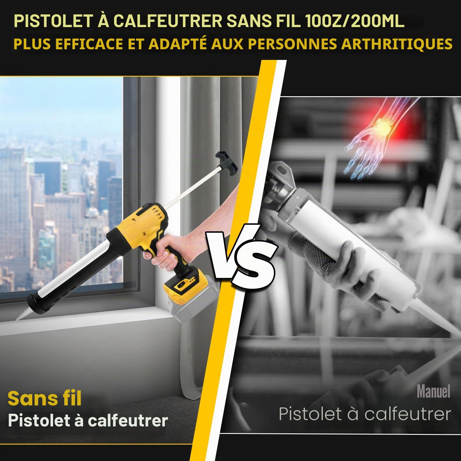 Pistolet à calfeutrer sans fil avec LED pour Dewalt 21V (sans batterie) | Pistolet à mastic électrique, 6 vitesses, affichage numérique, pour cartouche 10oz/300ml