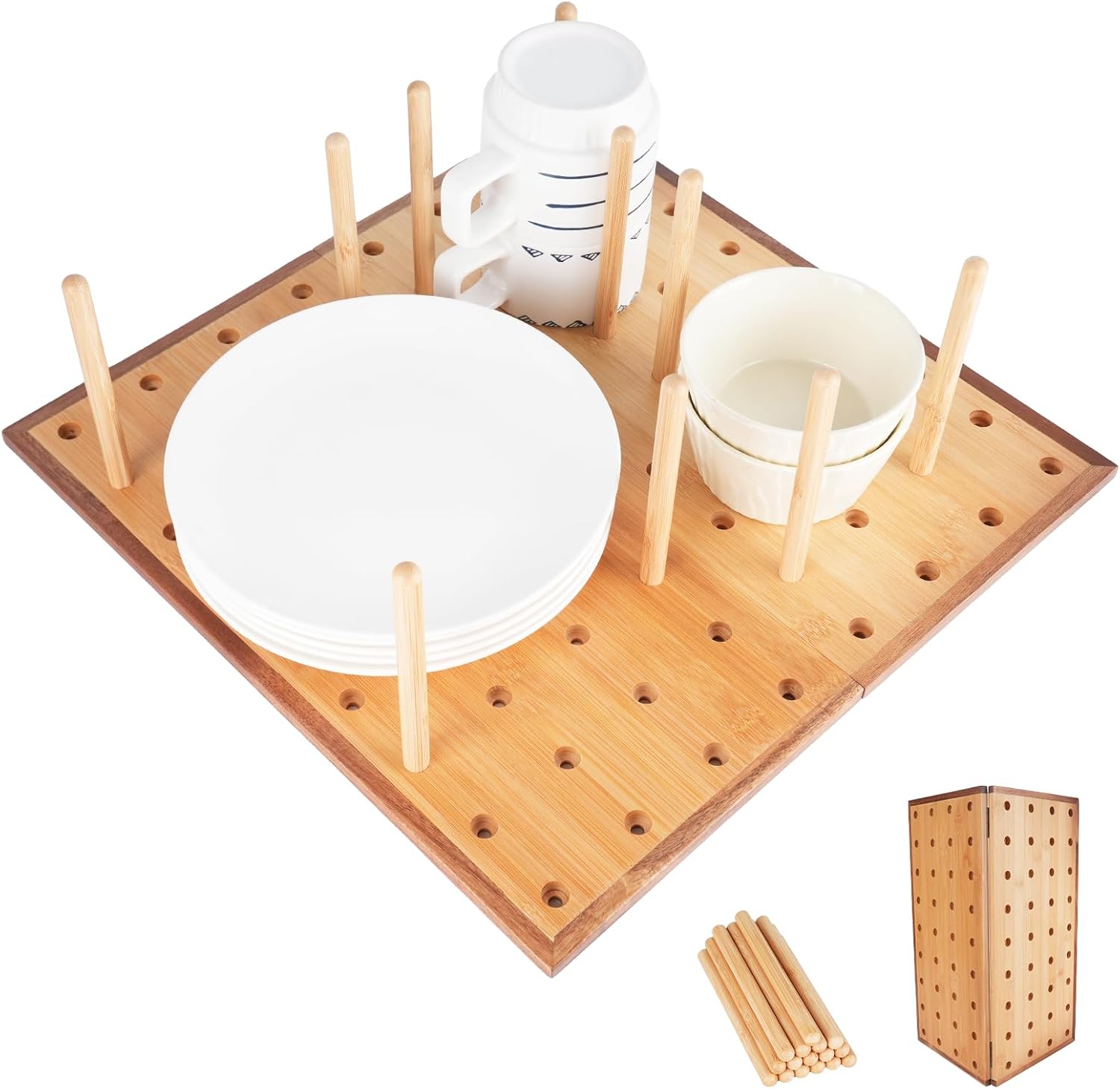Foldable Pegboard Organizer for Kitchen – Bamboo Base & Acacia Wood Edge Dish Rack for Kitchen Countertop, and Drawer, 24 Pegs, 23.6" x 15.7"
