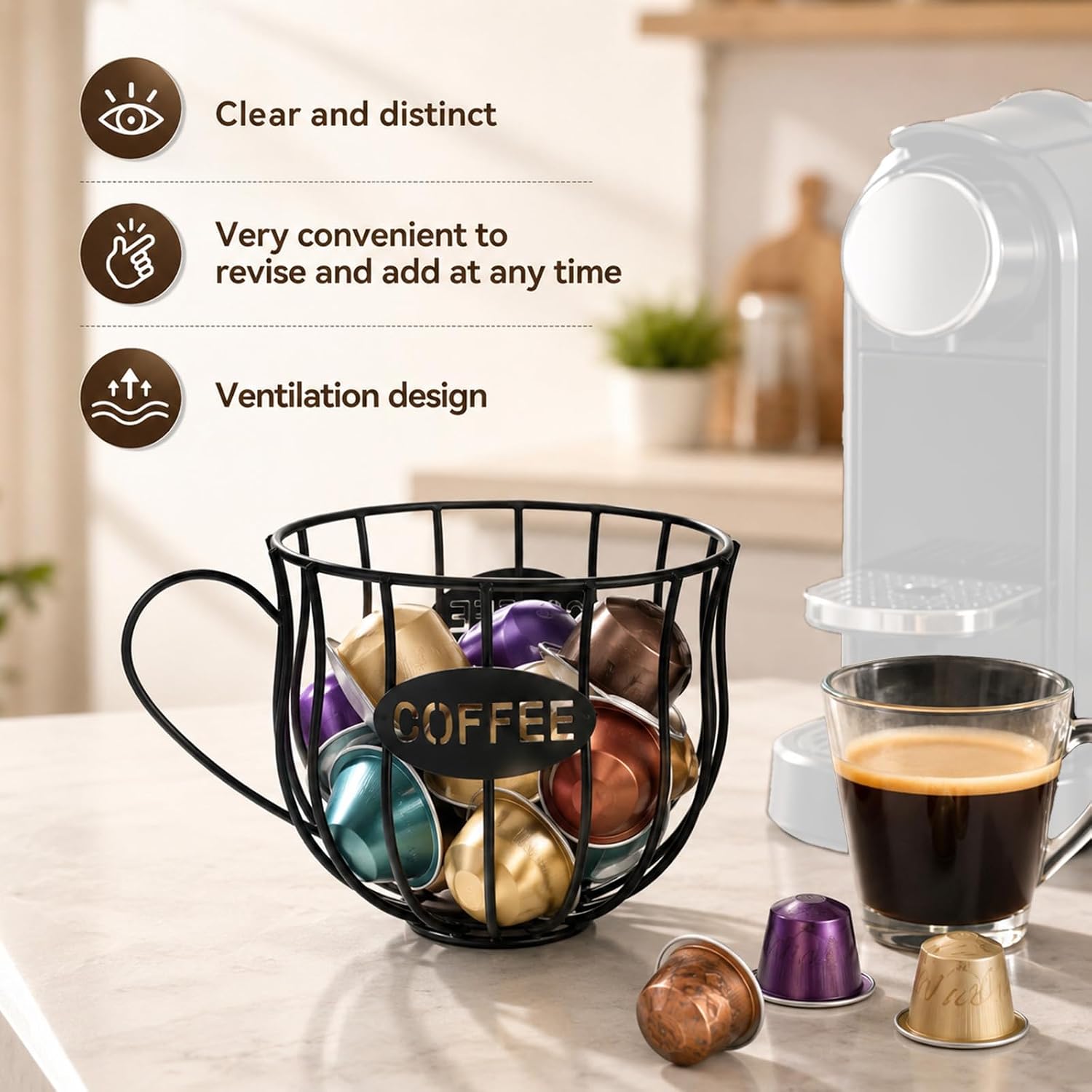 NQEUEPN Coffee Pod Holder, Iron Coffee Capsule Basket Cup Holder (Black)