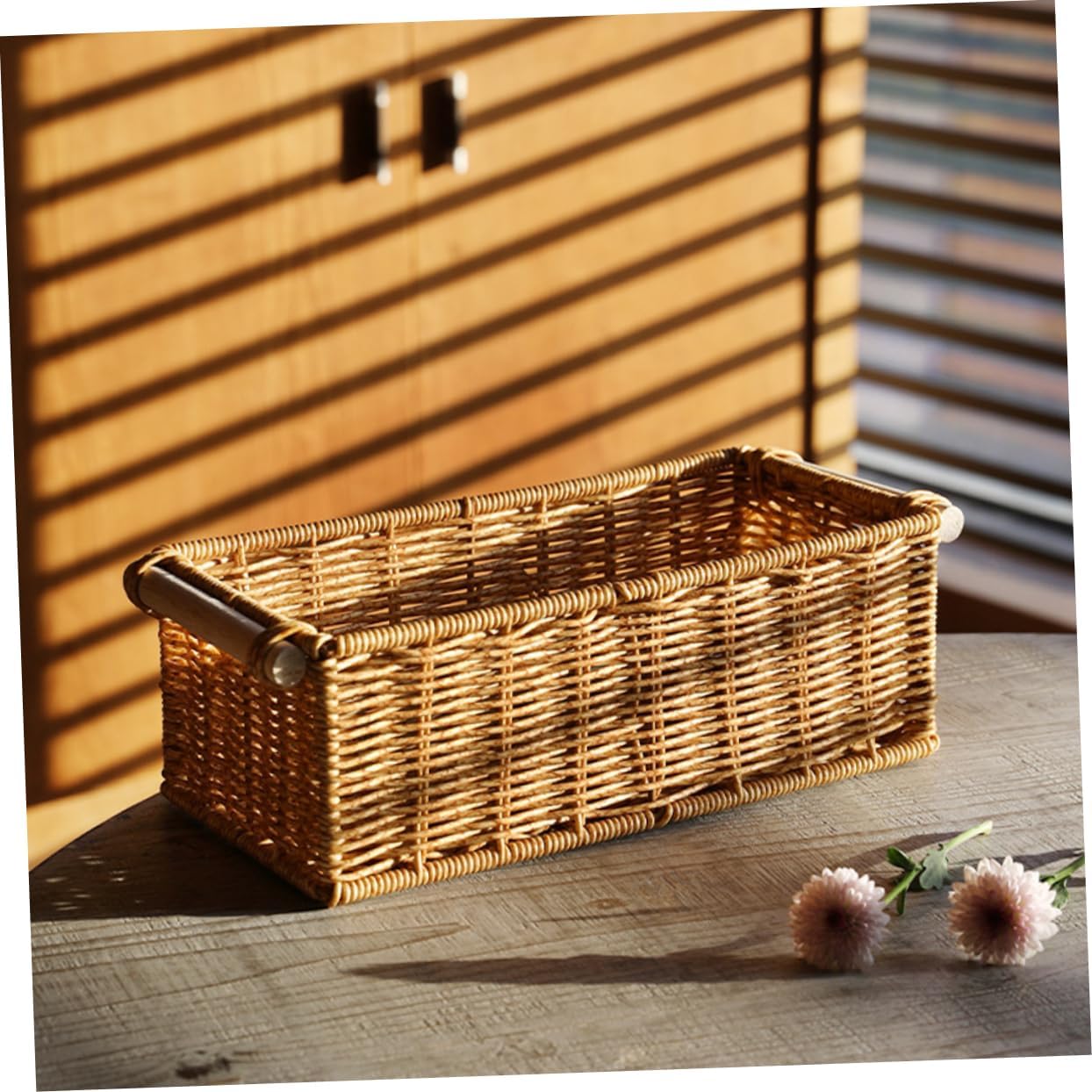 Woven Sundries Basket with Handle, Rectangular Storage Organizer