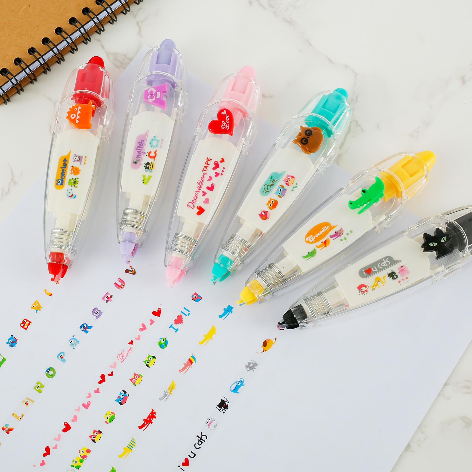 6Pcs Pocket Tape Pen, Lace Correction Tape Pen, DIY Cute Animals Press Type Decorative Pens, Creative Cartoon Pattern Decoration Tape Pen Sticker Pen for Kids Adults Greeting Card Scrapbooking Diary