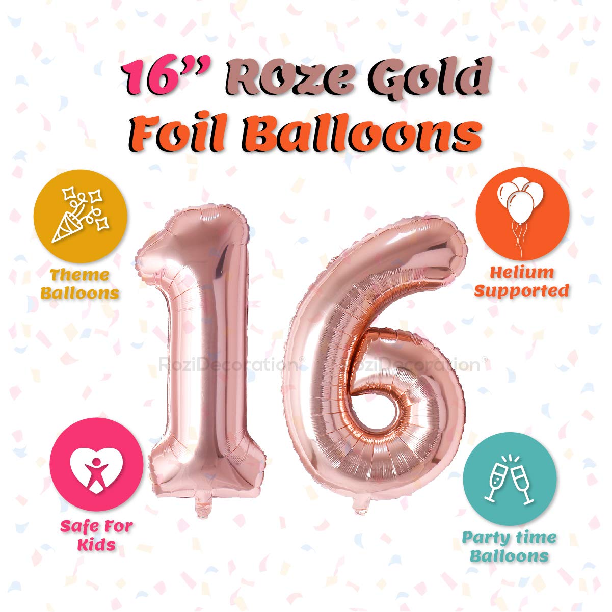 Rozi Decoration 16 Inch Rose Gold Colour 16 Number Foil Balloons with Helium Supported | 16th Birthday Decoration Items | 16 Anniversary Decoration | 16 Balloon Number Pack of 2 Pcs 3