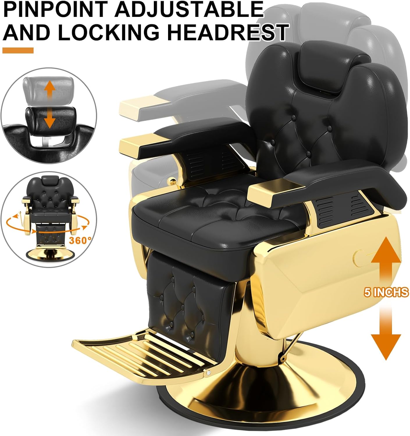 Artist hand Vintage Barber Chair, Professional Reclining Salon Chair with 360° Swivel & 140° Recline, Heavy Duty Gold Frame Styling Chair for Barbershop, 400 lbs Capacity, Black & Gold