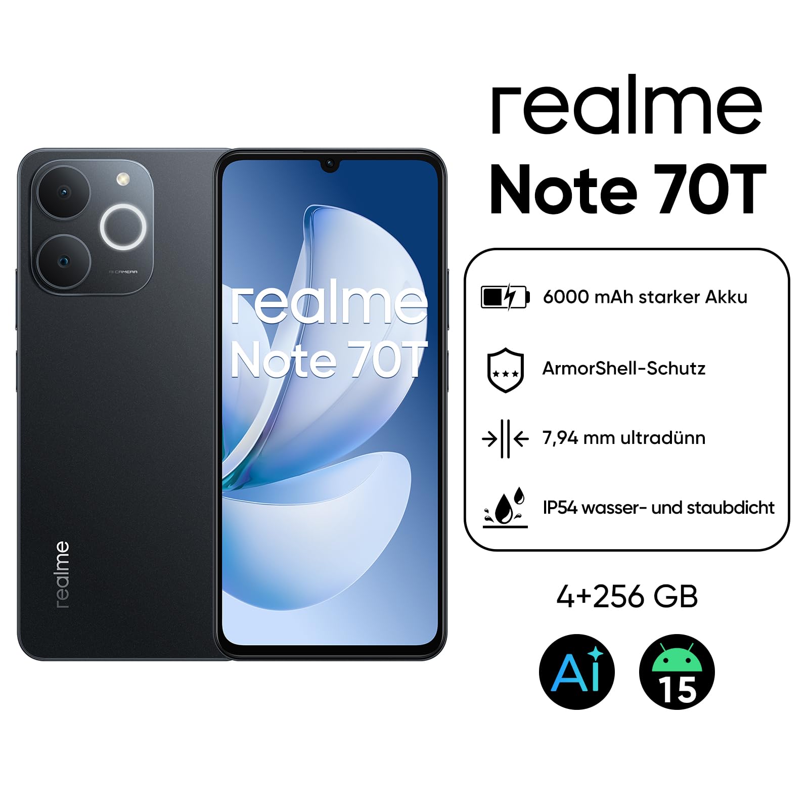 realme Note 70T Smartphone 4+256 GB, 6,75-Zoll-HD-90-Hz-Display