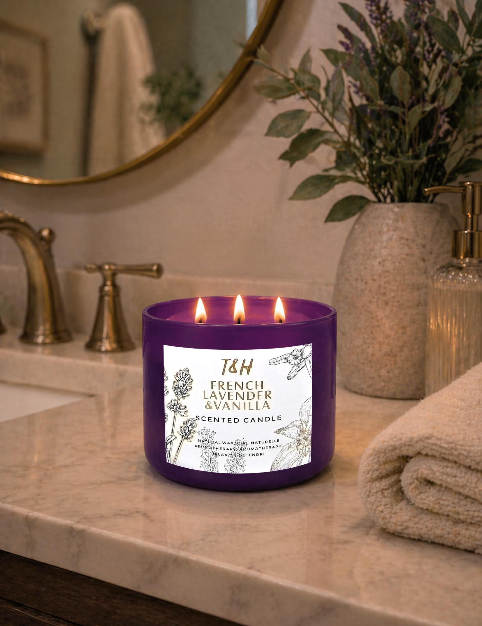 Französische Lavendel-Vanille-Duftkerzen, Aromatherapie-Geschenke für Frauen, 450 ml, Soja-Kerze, lang anhaltende Duftkerzen für Zuhause, Stressabbau-Kerzen, 3 Docht, Büro-Geschenke für Frauen