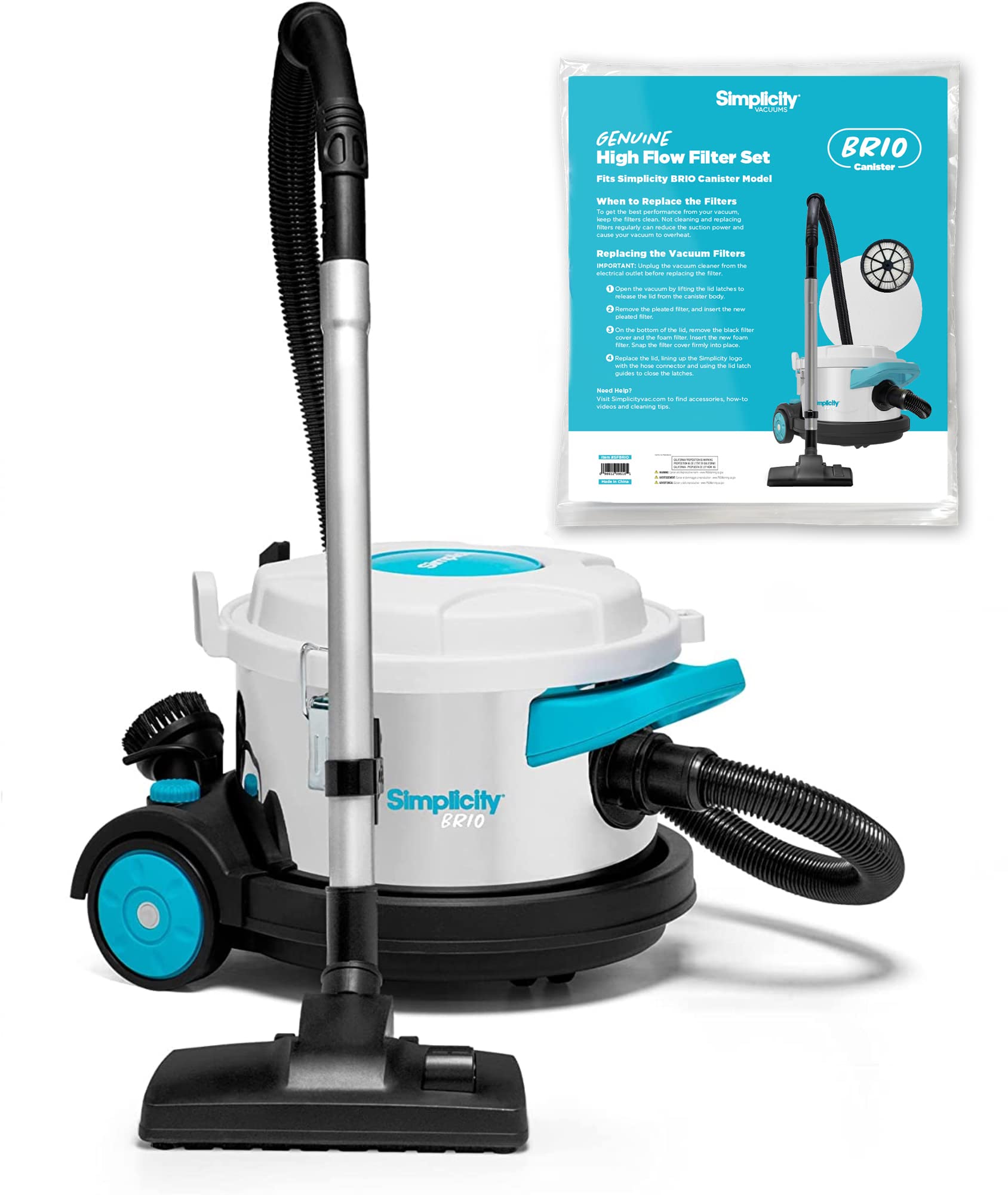Juego de filtros para aspiradora Simplicity Brio Dry Canister, aspiradora de alta resistencia para pisos de madera, baldosas, alfombras y más, con filtro HEPA adicional.