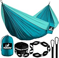 Vista 14 de Hamaca MalloMe para una o dos personas, para camping, set de hamaca colgante con 3 correas para árbol, hecha de nailon, es ligera, capacidad para 2