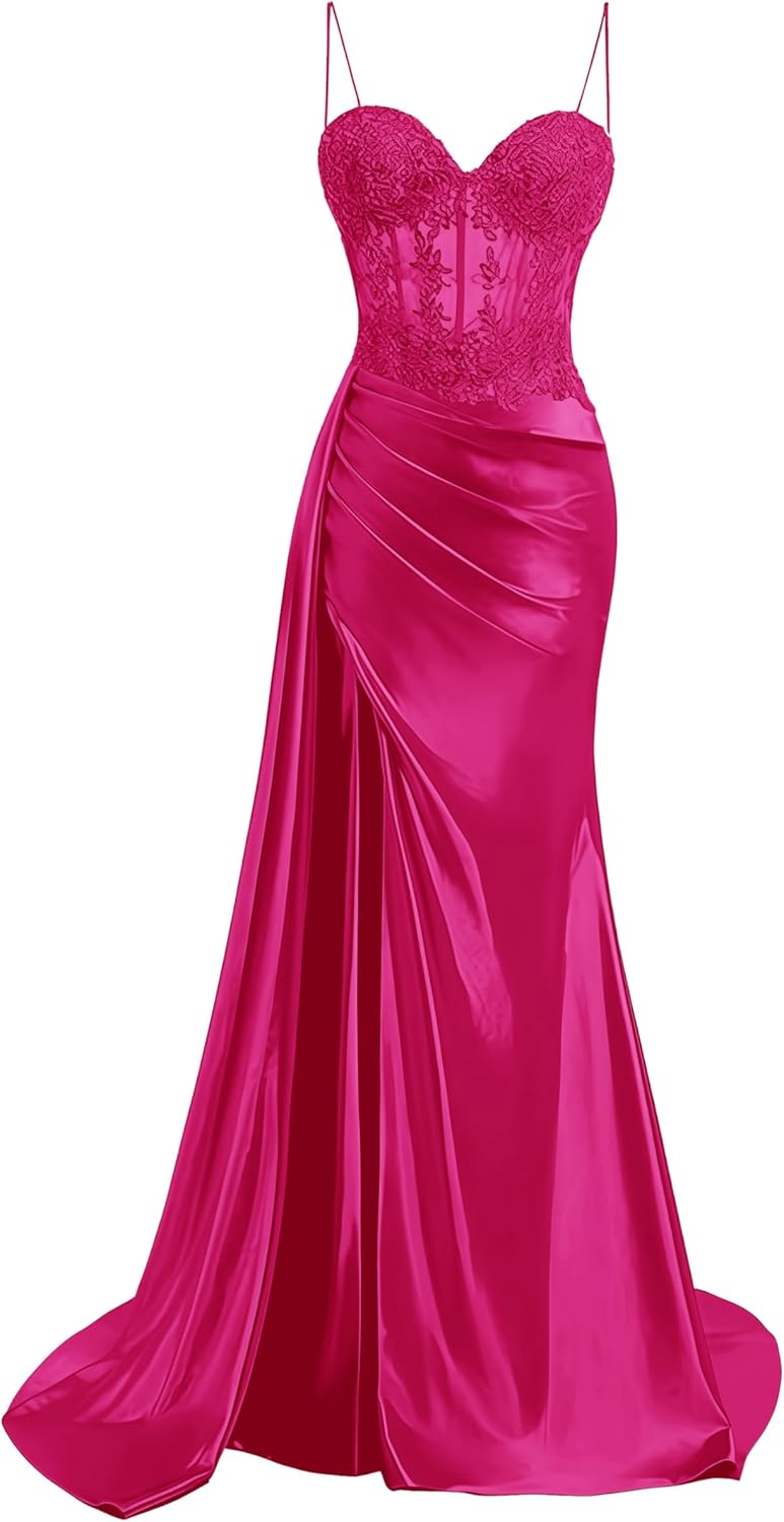 Satin Prom Dresses for Women Lace Appliques Pleated Spaghetti Straps Formal Evening Party Gown with Slit
