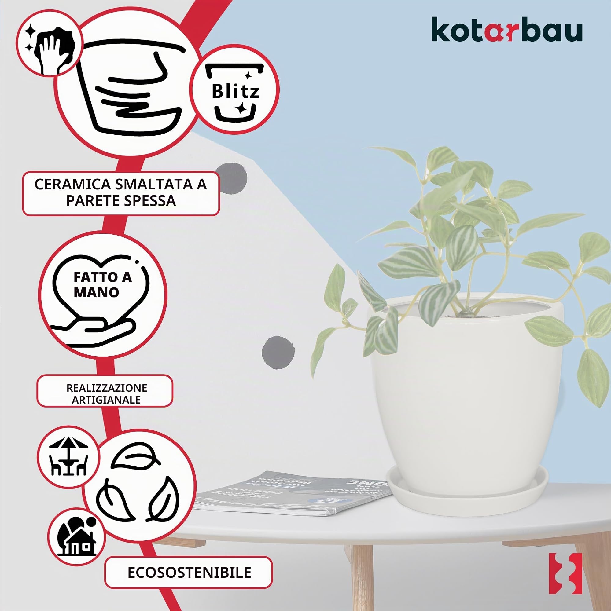 KOTARBAU Vaso da fiori con piattino in ceramica smaltata, diametro 31 cm, altezza 30 cm, grande vaso per cactus