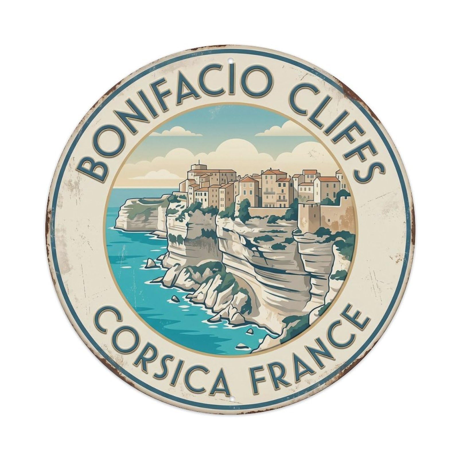 Bonifacio Cliffs Corsica France Coast Metal Tin Sign Plaque Wall Decor for Cafe, Club, Garden Round Metal Poster 8x8Inch