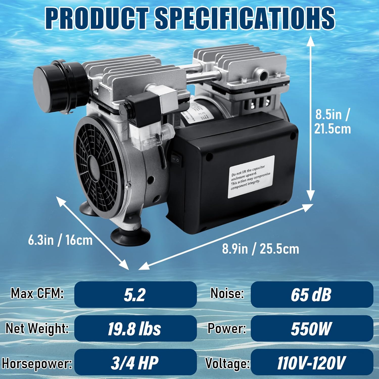 Pond Aerator, 550W 3/4 HP Air Compressor with Timer & Valves, 5.2 CFM for Up to 3 Acre 50ft Deep Lake, Outdoor Pond Oxygen Circulation System