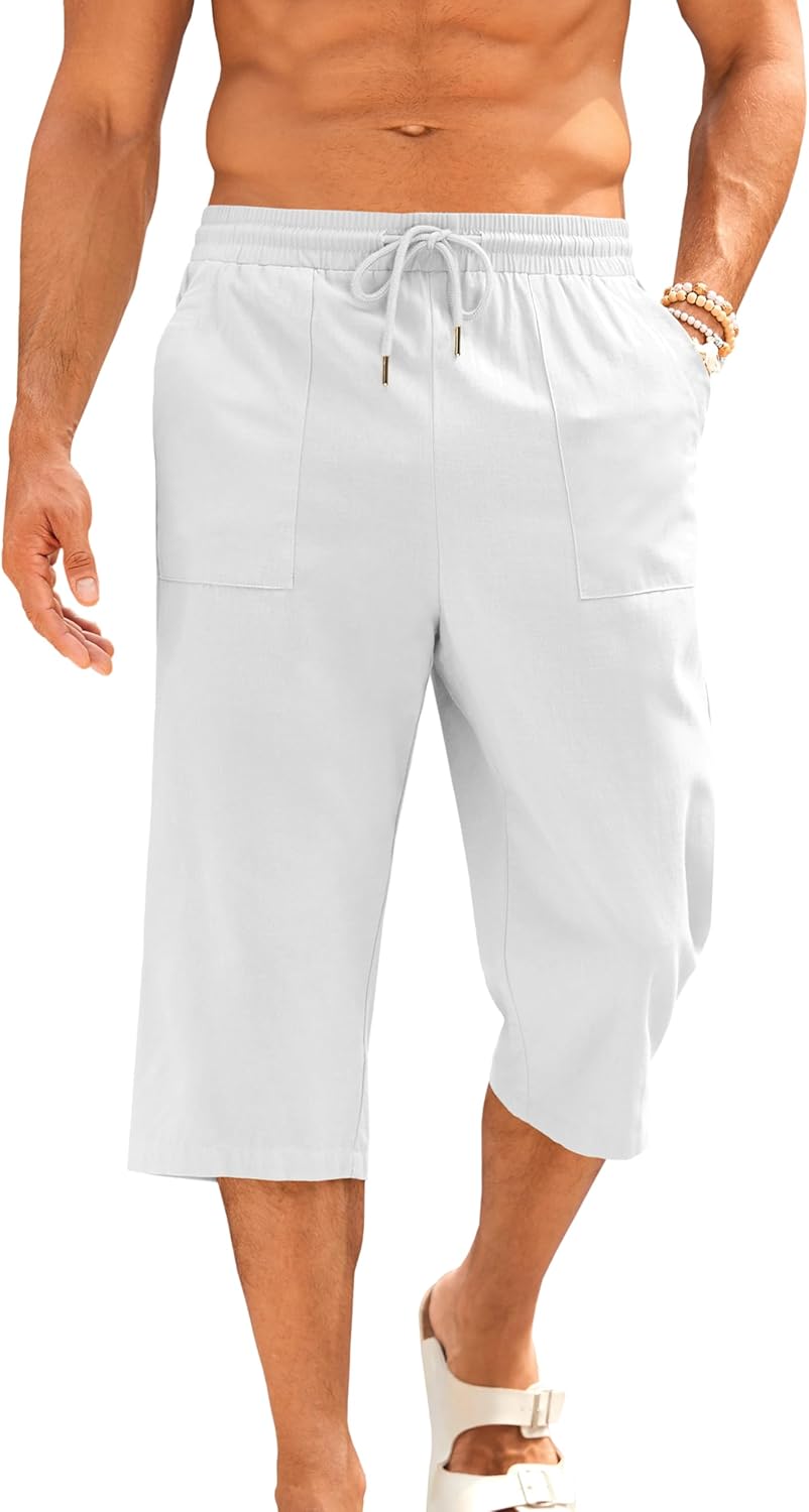 Gafeng Mens Cotton Linen Yoga Pants Elastic Drawstring Casual 3/4 Capri Shorts with Pockets