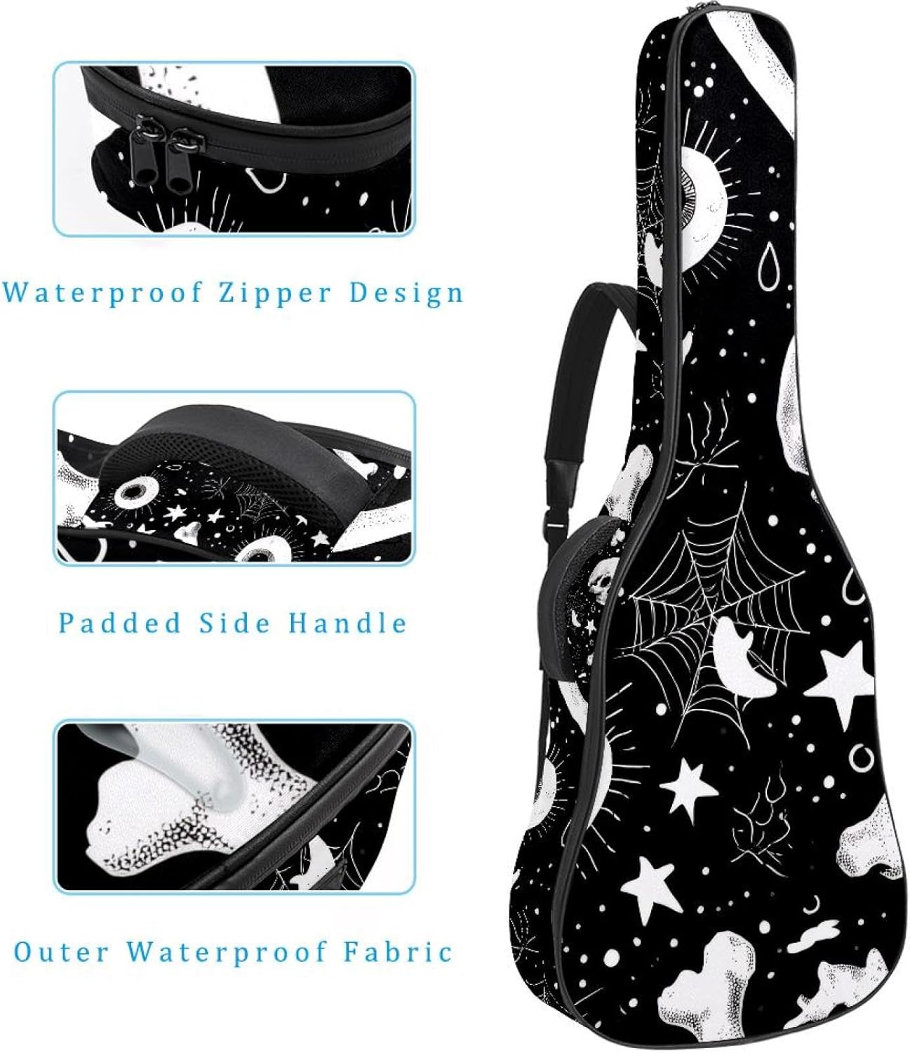 40 41 42 Inch Acoustic Guitar Bag, 0.4 In Thick Sponge Padded Guitar Case Gig Bag with Back Hanger Loop and 2 Pockets, Halloween Skull Bone Eyeballs Black and White Pattern