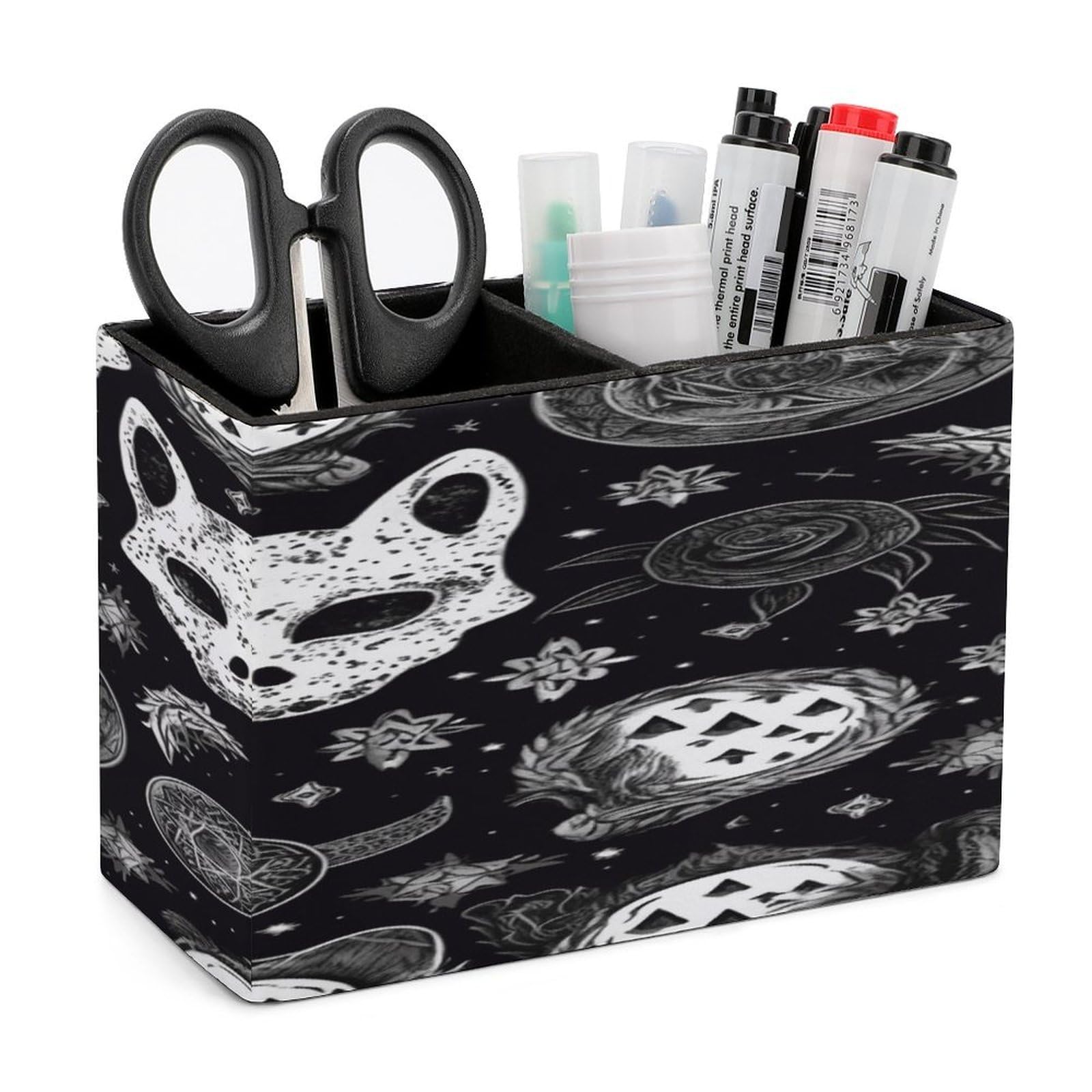 VstaDank Skull Cat Moon Gothic Pencil Holder for Desk Organizer 2 Compartments Pen Cup Leather Square Pen Holder Pencil Cup Stand Makeup Brush Holders for Desktop Organizer Storage Case