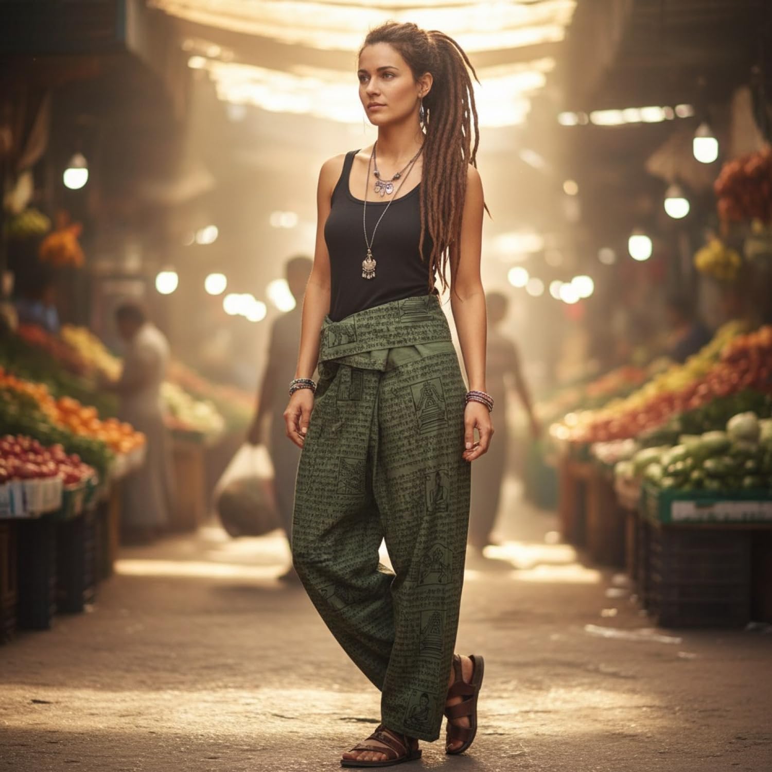 GURU SHOP Pantalones de pescador tailandeses con estampado de mantra de algodón tejido, pantalones de yoga, para hombre/mujer, verde, talla: talla única