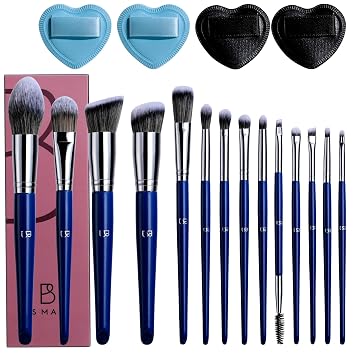 BS-MALL Professional 14 Pcs Makeup Brushes Set With 4 Mini Makeup Blending Sponge - Foundation Brush, Powder Puff & Makeup Sponges For Flawless Daily Use Blue