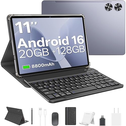 2025 Android 16 Tablet with Keyboard, 20GB+128GB 11 Inch Octa-Core 2-in-1 Tablets Dual Camera 8+13 MP, 5G/2.4G WiFi, 8800mAh, BT5.0, GMS Certified, with Mouse, Case, Stylus, (Gray)