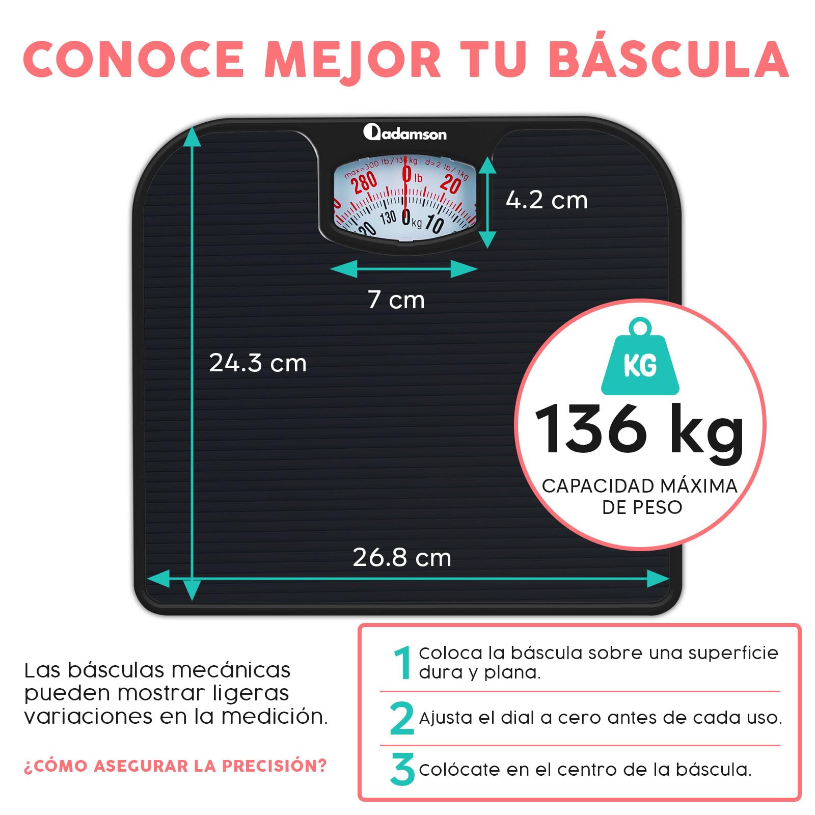 Adamson A21 Bascula de Baño Analogica - Hasta 136 KG - Superficie de Goma Antideslizante - Bascula Analogica - Duradera Con Garantía de 20 Años - Negro Completo