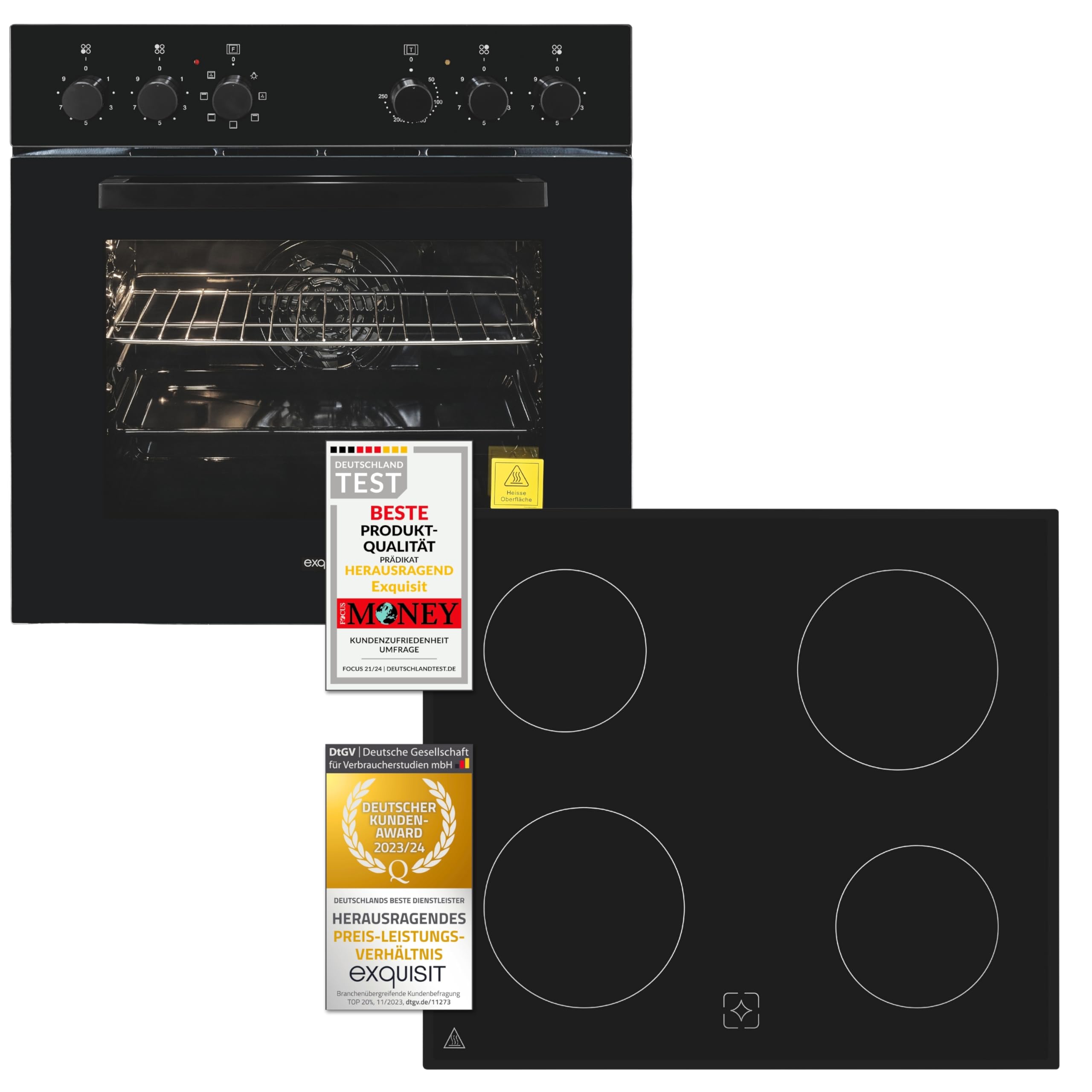 Exquisit Herd-Set EHE256-U-020-Set schwarz | EEK: A | 59,0 l Garraum | Glaskeramik Kochfeld | Herd-Set 60 cm