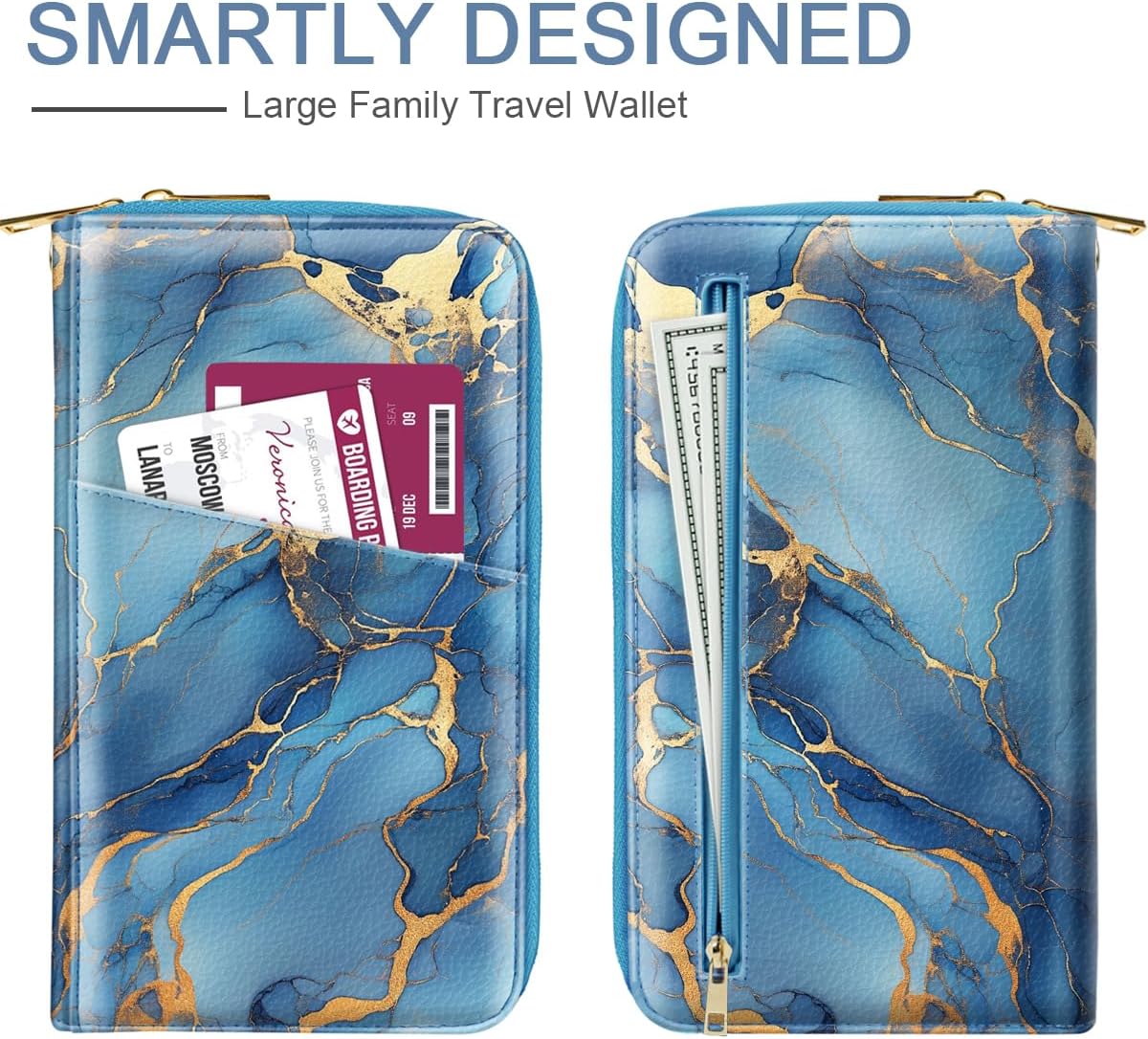 Family Passport Holder Wallet RFID Blocking Document Organizer PU Leather Mulit-purpose Travel Wallet Credit Cards Case for Women Men, Blue Marble