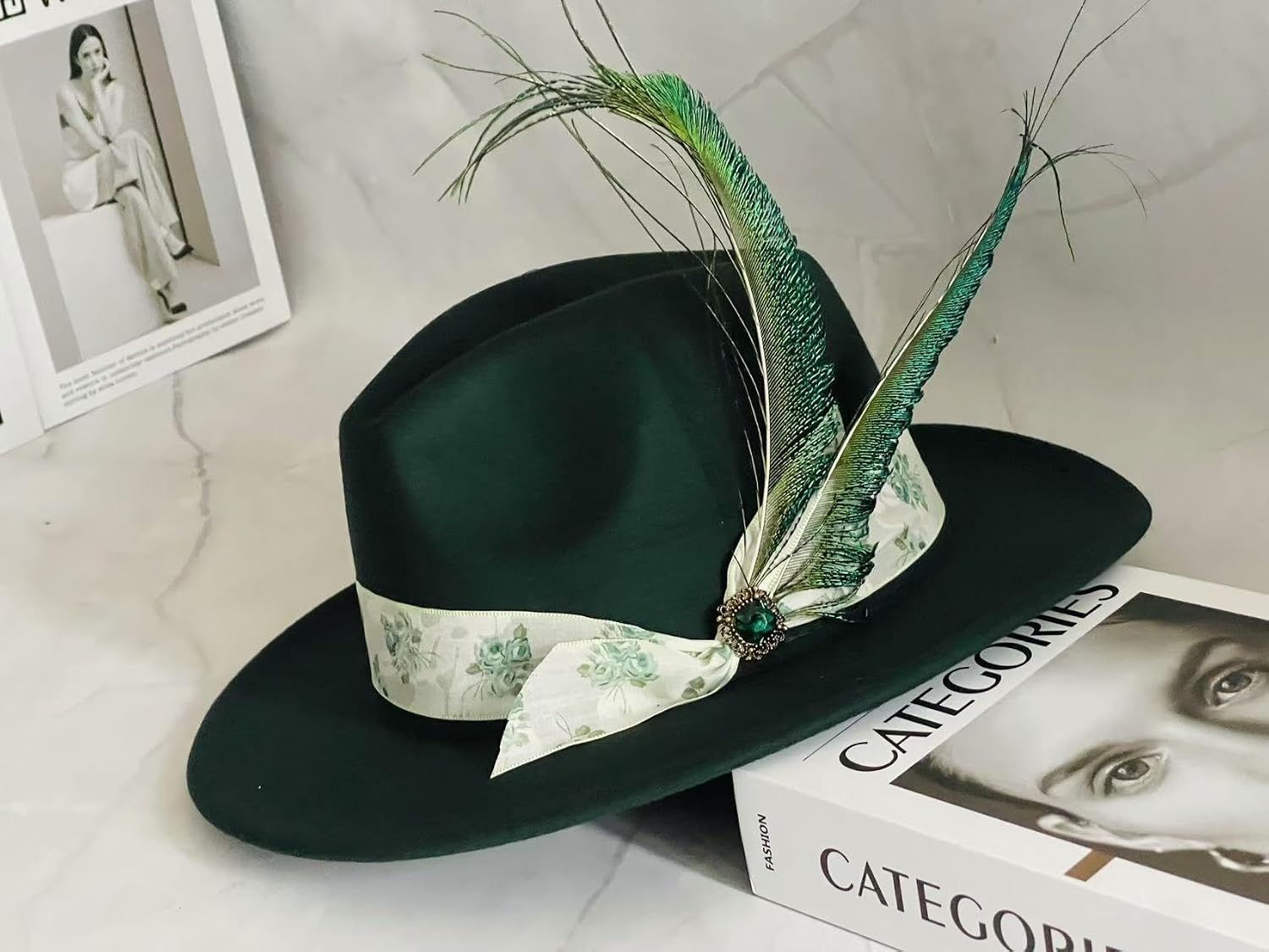 L'ouve Classic Fedora Hats for Men & Women Green Wide Brim Felt Hat Panama Dress Fedora Hat 2024