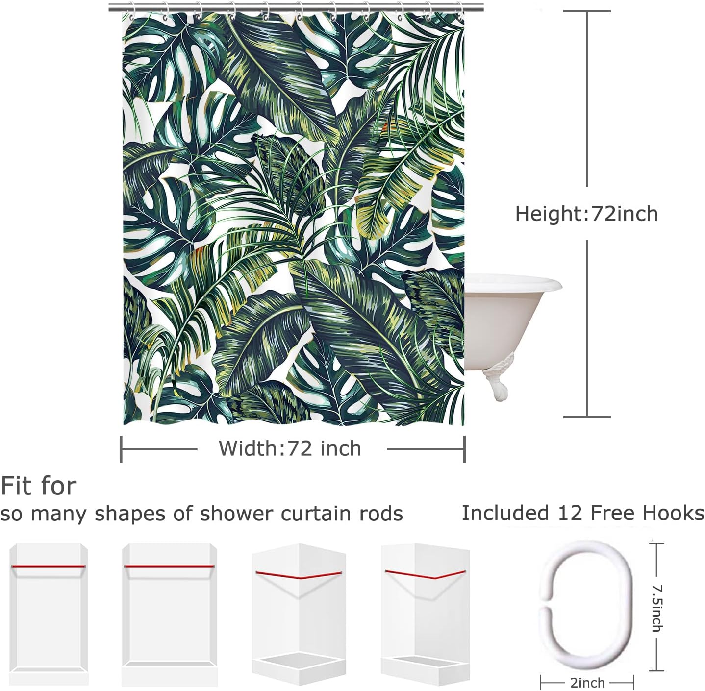 LIVILAN Green Plant Shower Curtain, Botanical Leaf Pattern, 72X72 inches - Jungle Bathroom Decor with 12 Hooks