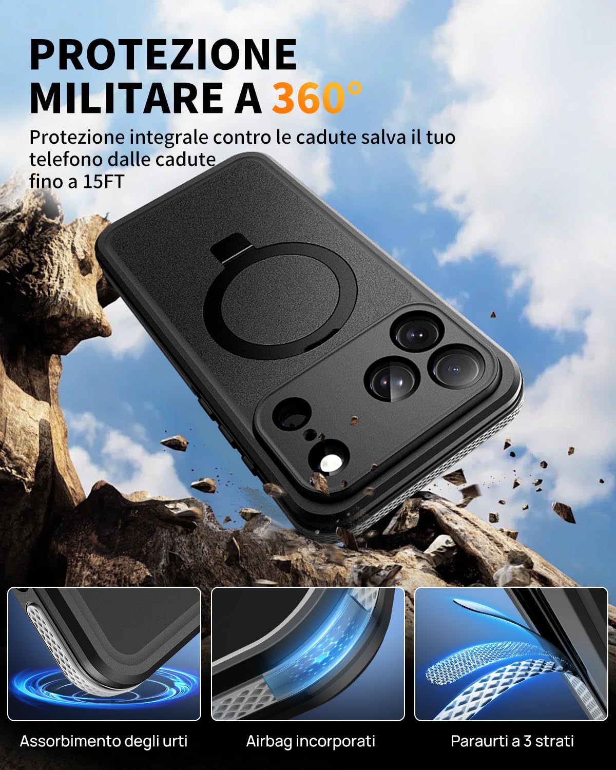 Cover per iPhone 17 Pro Impermeabile con Supporto Magnetico, 360° Completa Protezione, IP68 Waterproof Case con Magsafe, Subacquea Antipolvere Antiurto Custodia per iPhone 17 Pro, Nero