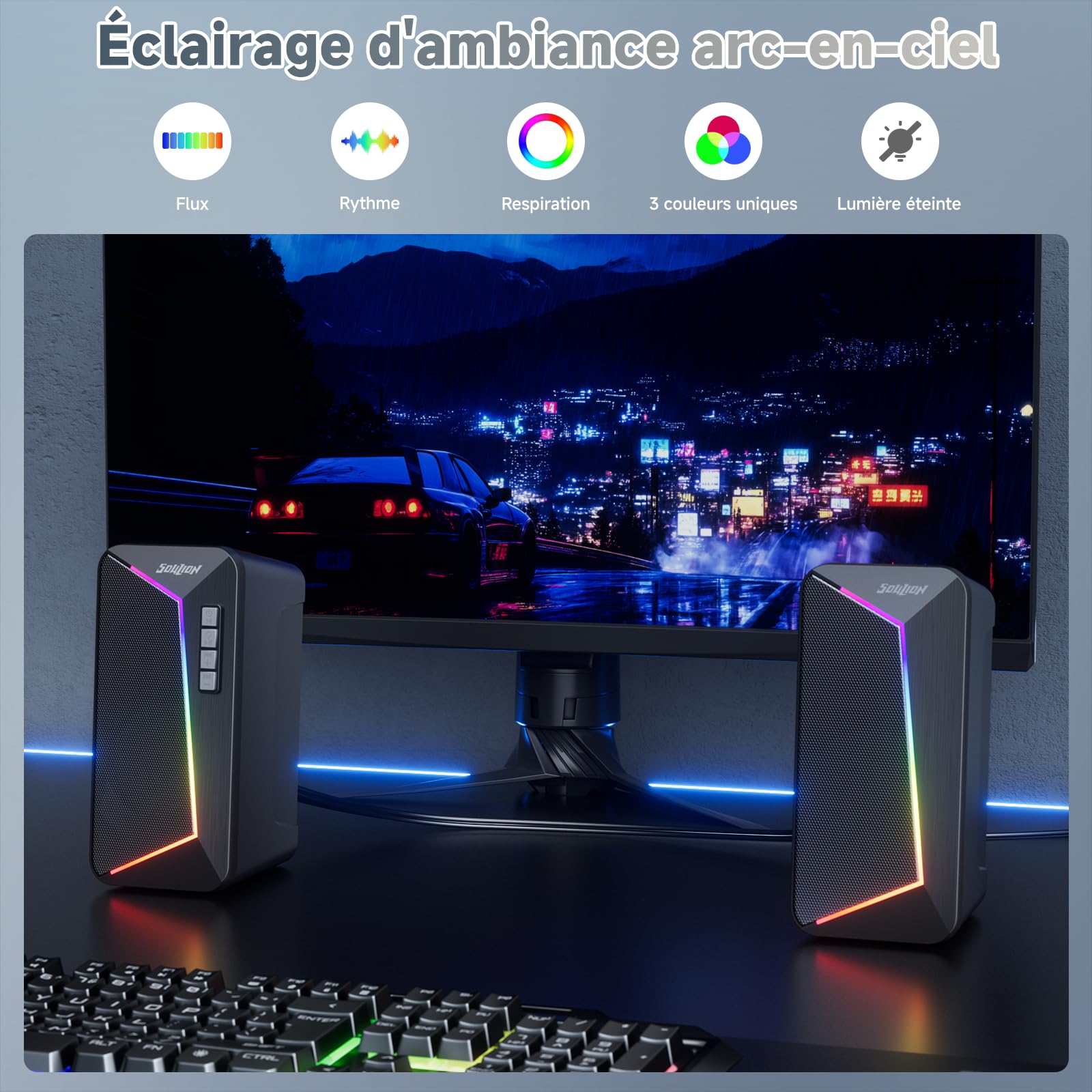 SOULION R40 Enceintes PC, Haut-parleurs alimentées par USB-C/USB avec contrôle du volume, éclairage LED, enceintes d'ordinateur avec mode USB/Bluetooth pour smartphones, ordinateurs portables, 1 paire