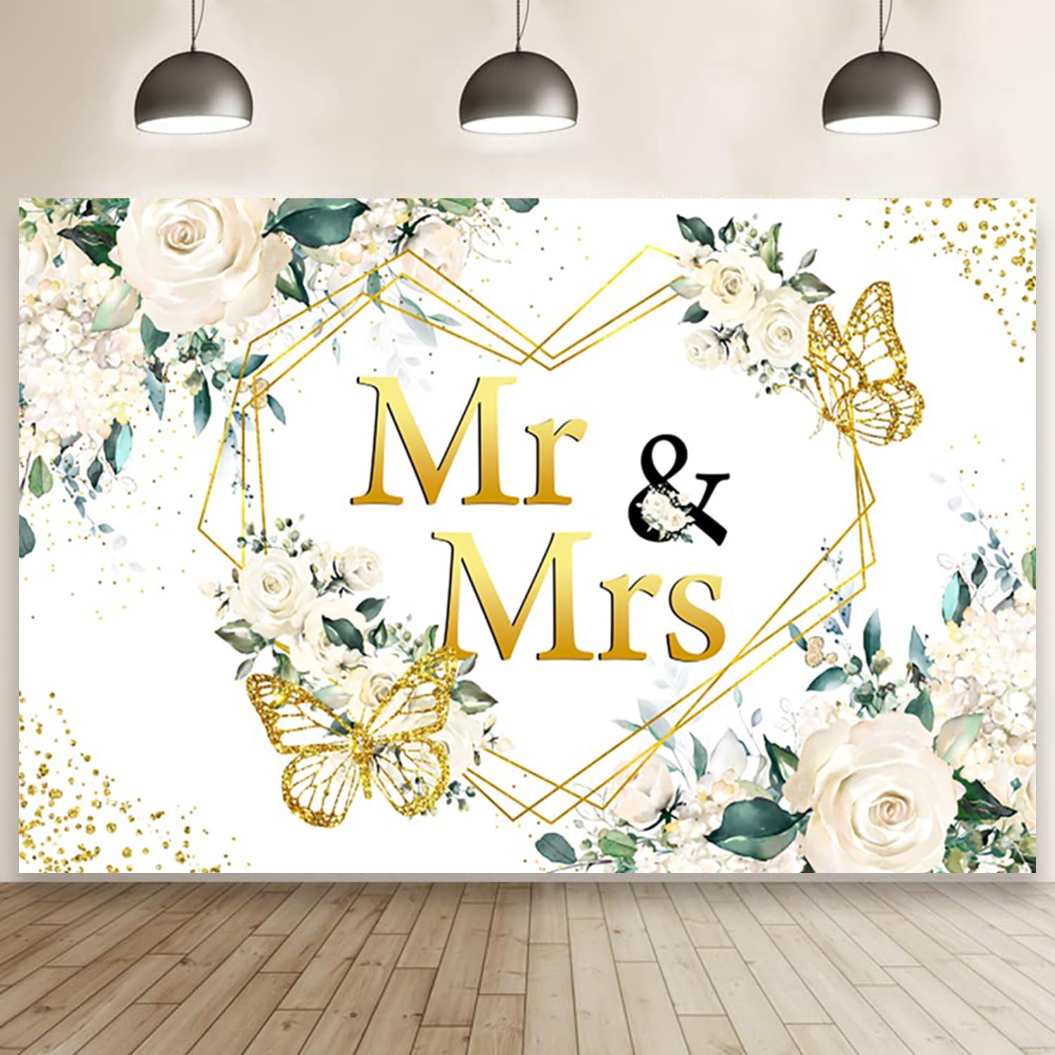 Caheansi 7x5ft Mr and Mrs Wedding Backdrop White Flowers Glittler Gold Dots Butterflies Bridal Photography Background Wedding Party Decorations Bride to Be Engagement Banner Photo Booth Props