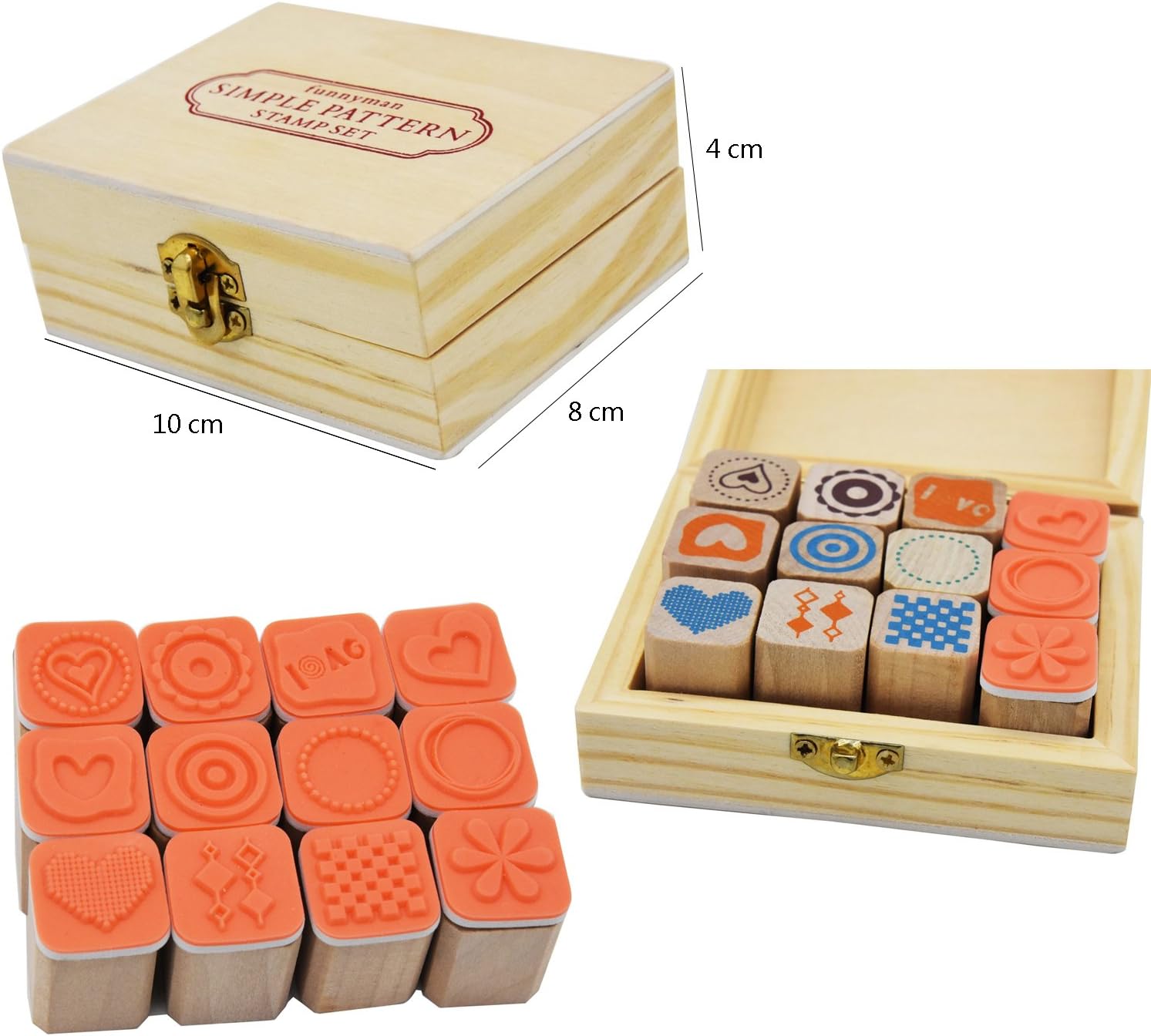 Youkwer 12 Pcs Mini Cute Wooden Rubber Stamps DIY Diary Scrapbook Stamps Set with Wooden Box （Brass Buckle，Heart）