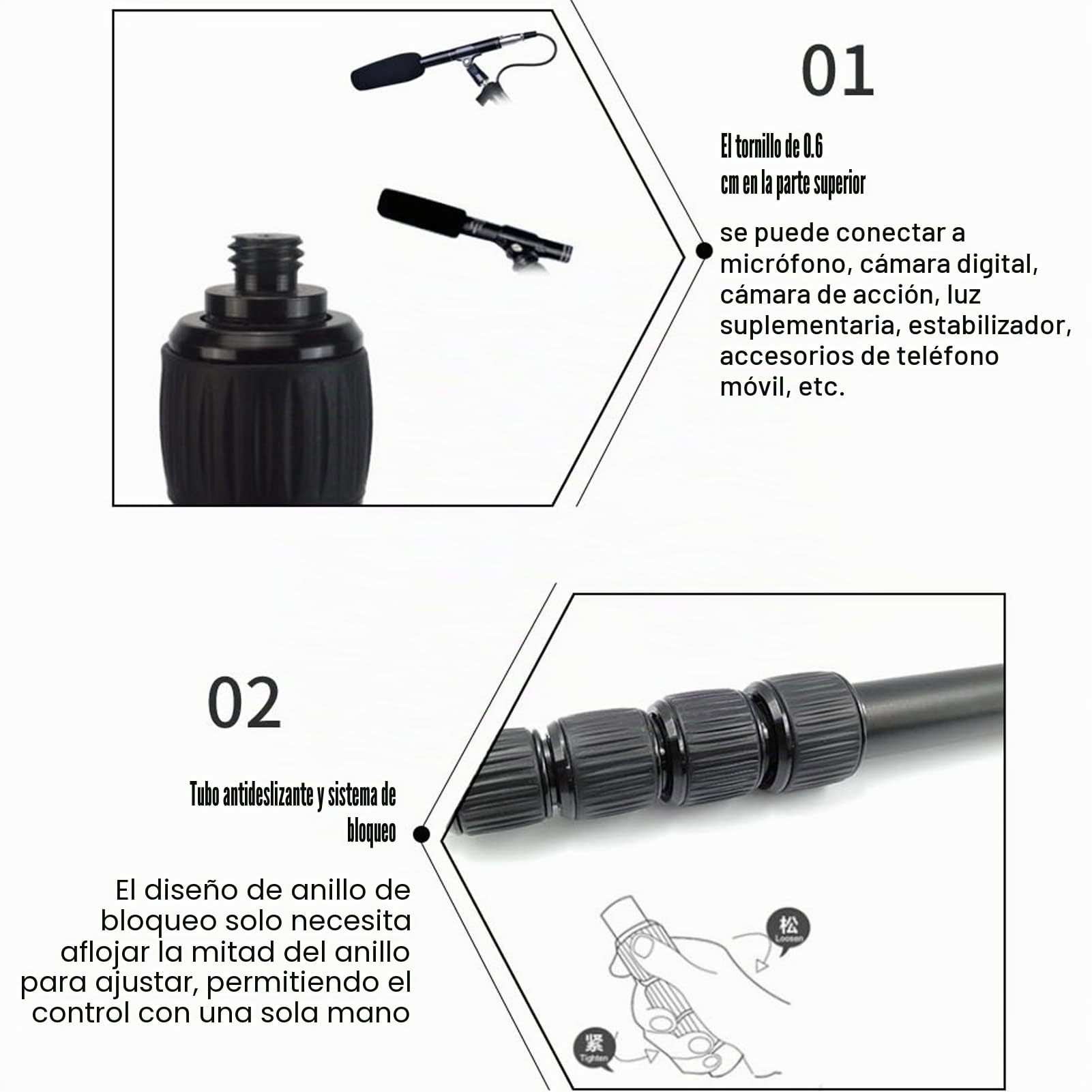 Brazo de Micrófono Banapoy Extensible de 4-5 Secciones con Mango de Espuma y Roscas de 1/4 Pulgadas, Soporte de Micrófono Ajustable Telescópico Negro Funcional y Moderno