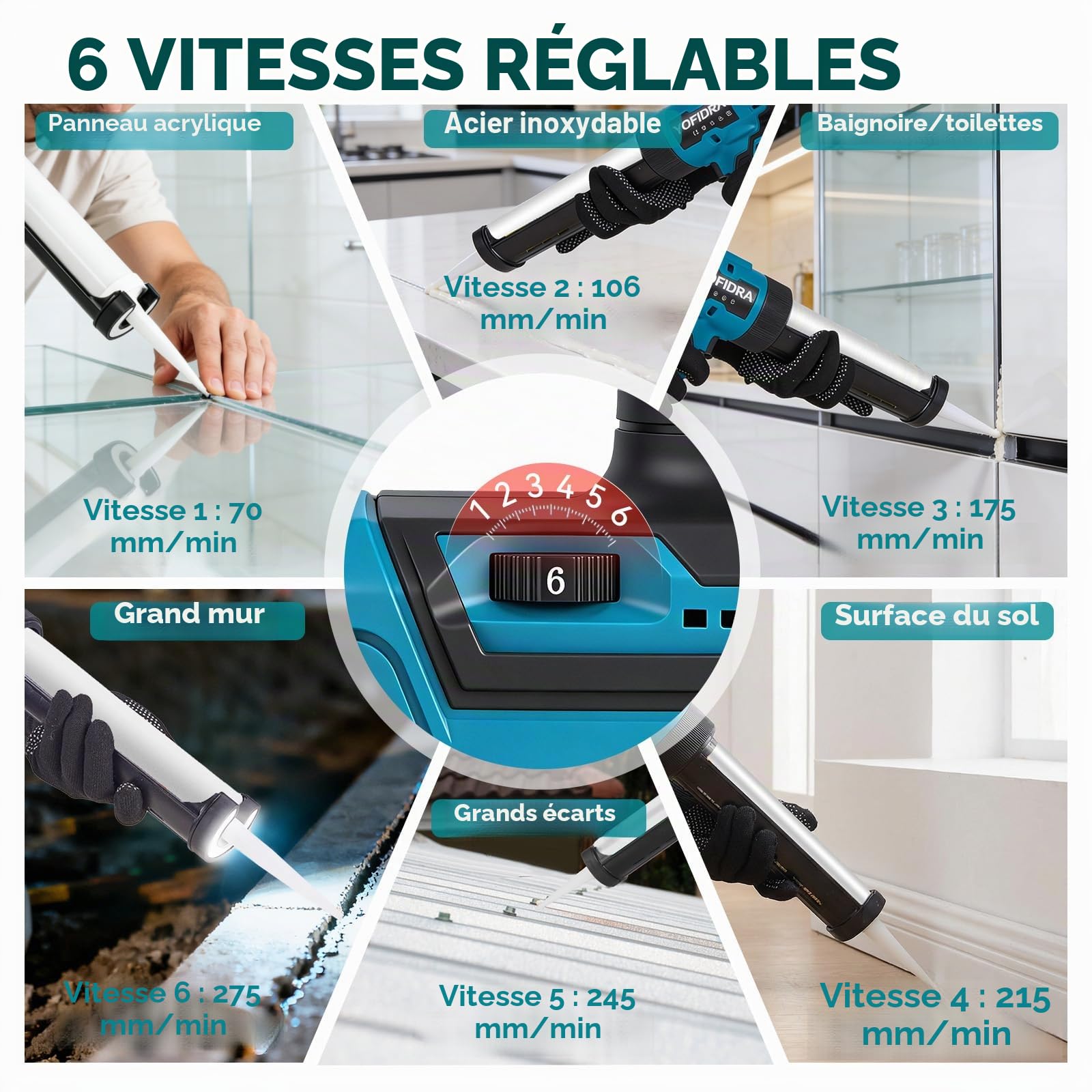 Pistolet à Silicone Électrique 600 kg 6 Vitesses Lumière LED 2 Batteries 2.0Ah 13 Accessoires 5 Buses 300ml