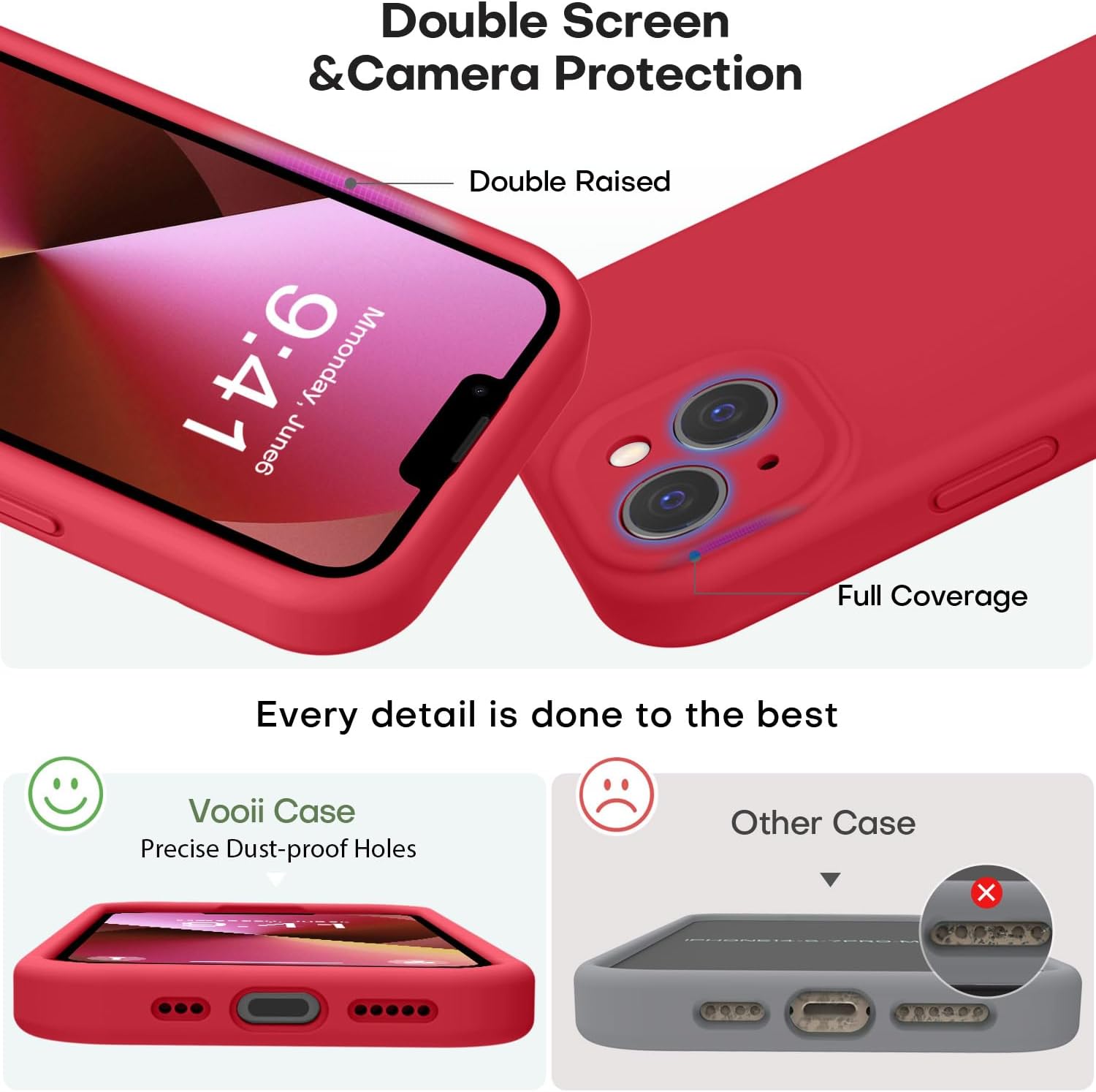 Vooii Compatible with iPhone 13 Case, Liquid Silicone Upgrade [Camera Protection] [Soft Anti-Scratch Microfiber Lining] Shockproof Phone Case for iPhone 13 6.1 inch - Red - Image 3