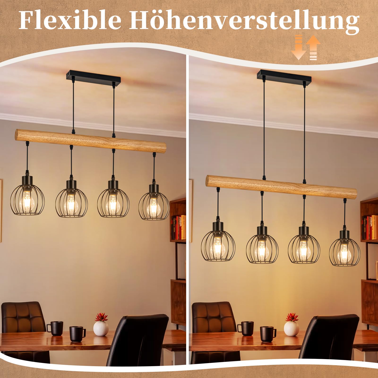 ZMH Vintage Hängelampe Holz 4 flammig - Pendelleuchte esstisch im Industrial Design Schwarz Retro Hängeleuchte Esstischlampe höhenverstellbar für Esszimmer Küche Wohnzimmer Bar (Ohne Leuchtmittel)
