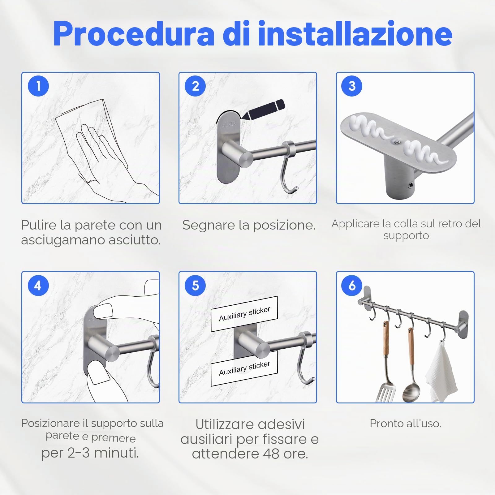 Porta Utensili da Cucina in Acciaio Inox con 12 Ganci Nessuna Perforazione, Nichel Spazzolato