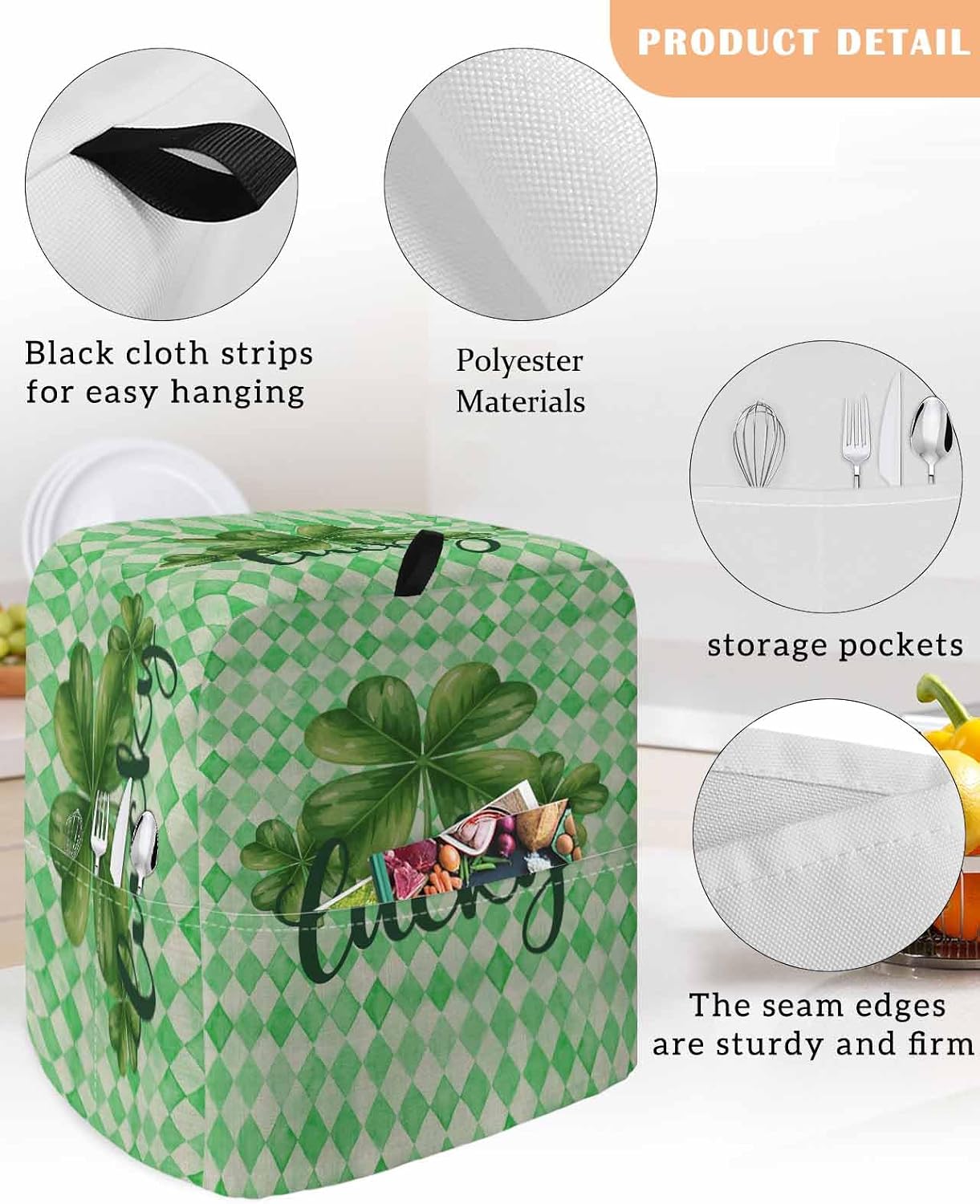 St Patrick's Day Stand Mixer Cover with Storage Pocket, Waterproof Kitchen Mixer Covers, Vintage Lucky Green Shamrocks Rustic Plaid Kitchen Appliance Dust Cover Compatible with 4/4.5 Quart Mixers