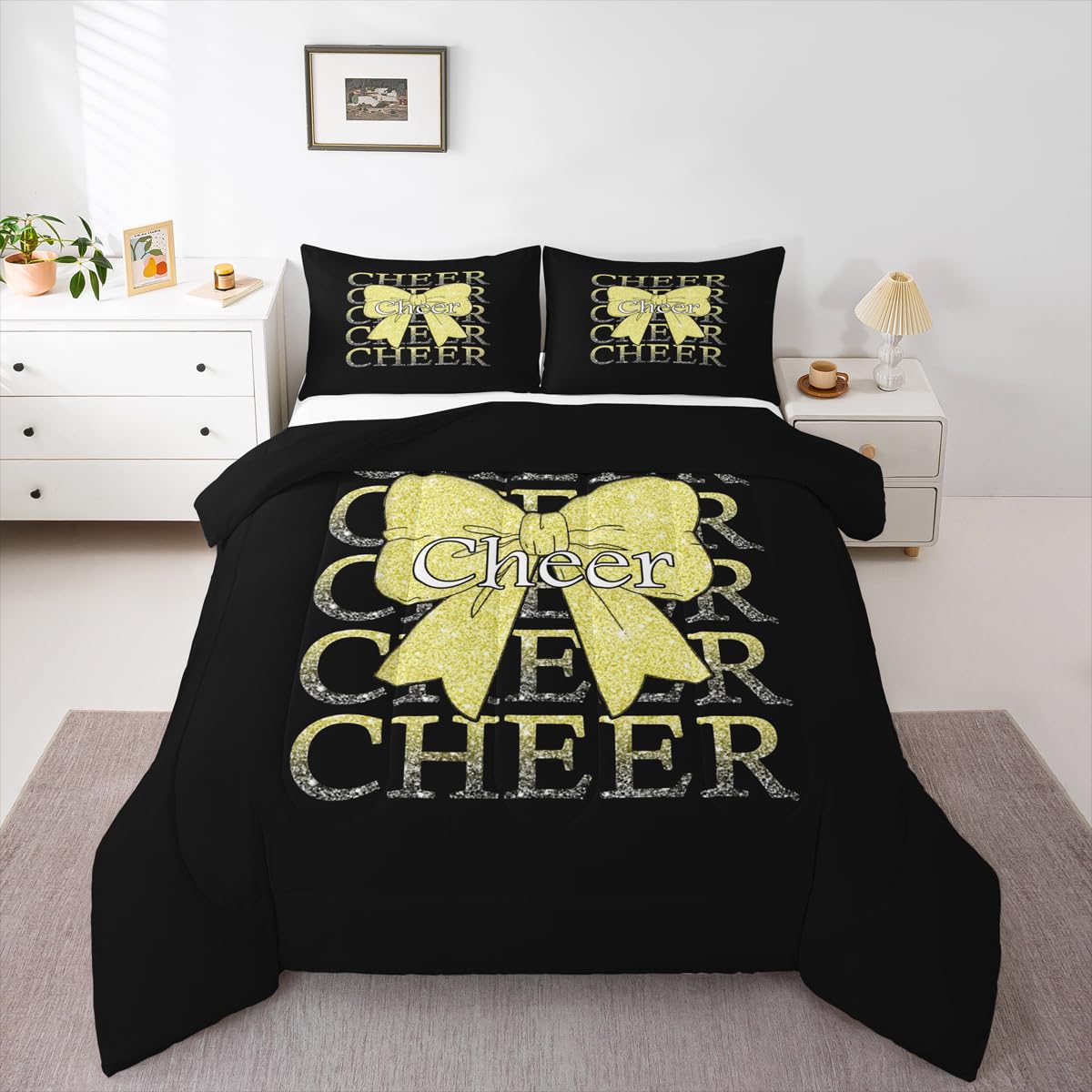 Feelyou Cheer Bow Comforter Set All Season Cheerleader Bedding Set with 2 Pillow Cases Funny Sport Microfiber Kids Queen Bedclothes Yellow Bedroom Decor Duvet Quilt Breathable Soft Lightweight