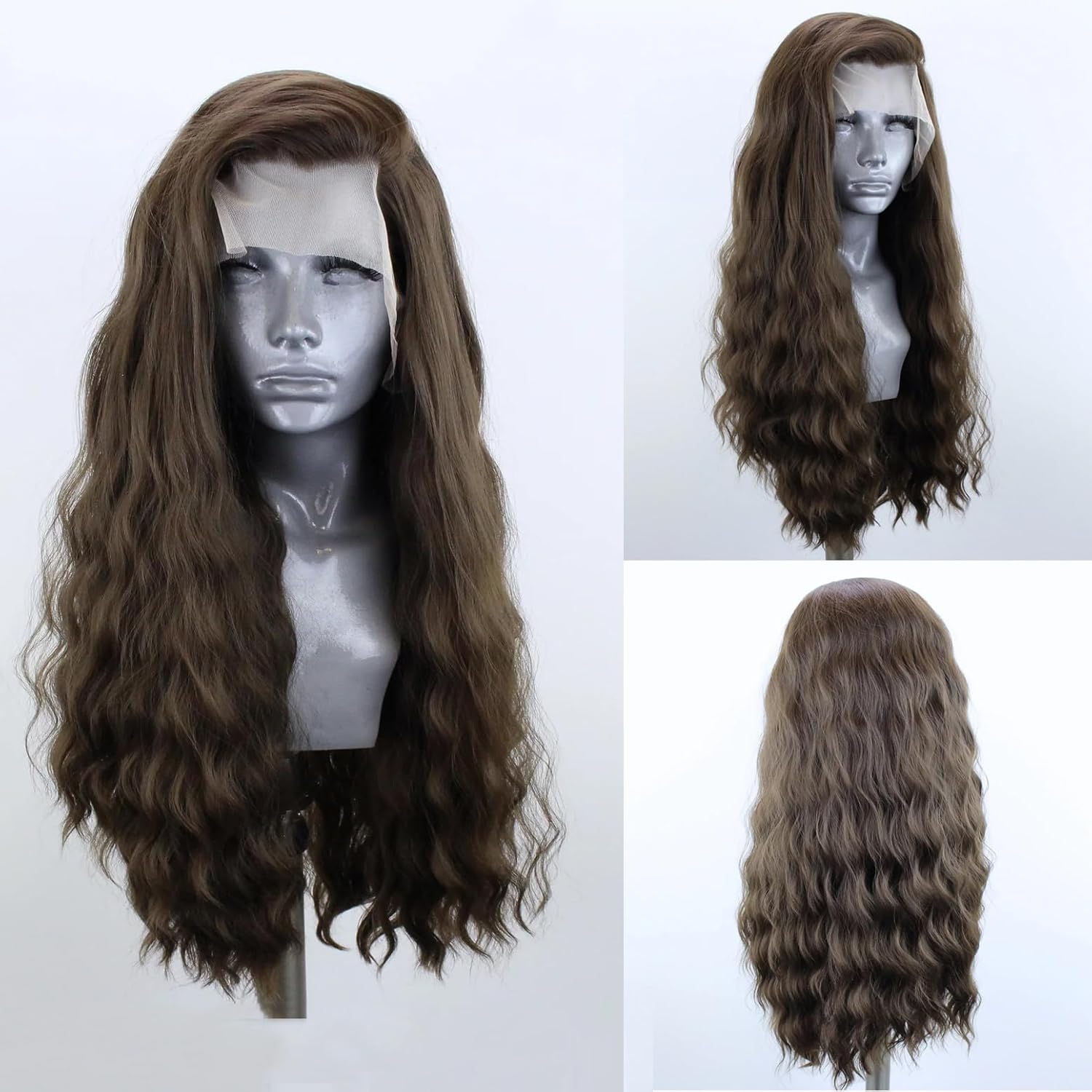 Silver Grey Long Curly Synthetic Lace Front Wigs for Women Free Part Pre Plucked Natural Hairline Lace Front Synthetic Cosplay Wigs Glueless Daily Wear Costume Wig 24 Inches