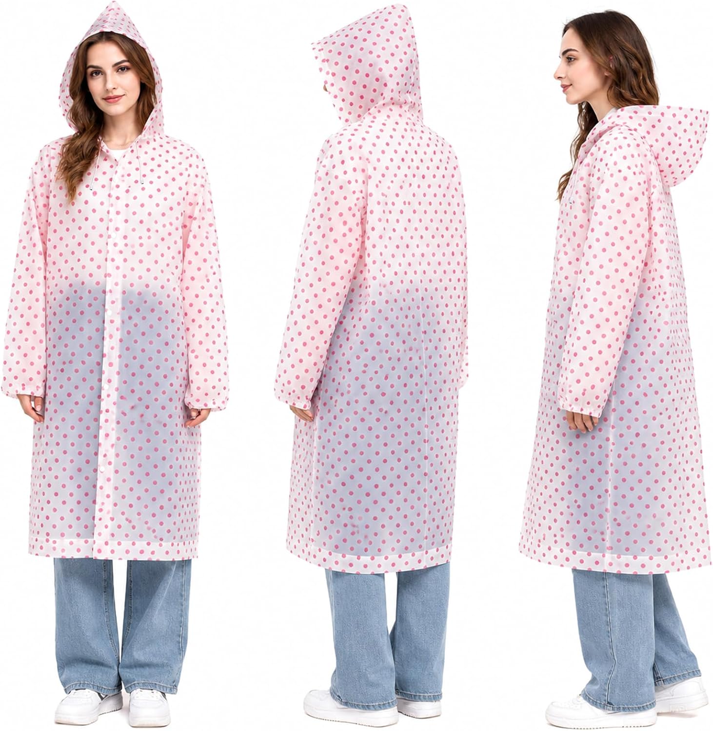 9 Pcs 3 Colors Reusable Rain Ponchos, EVA Waterproof Raincoat with Drawstring for Adults, Men, Women, Fashion Hooded Rain Coats Jacket with Polka Dot Pattern for Camping, Travelling
