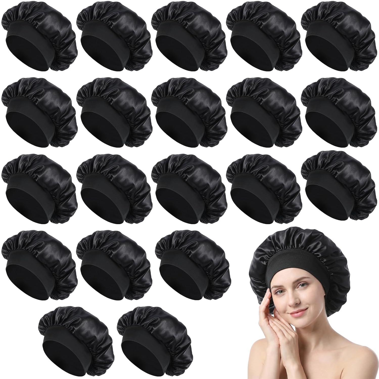 20 Pack Satin Bonnets for Women and Men Silk Sleep Bonnet Hair Wrap Cap for Curly Hair Protection Shower Cap Multi-Functional Wide Brim Design, Black