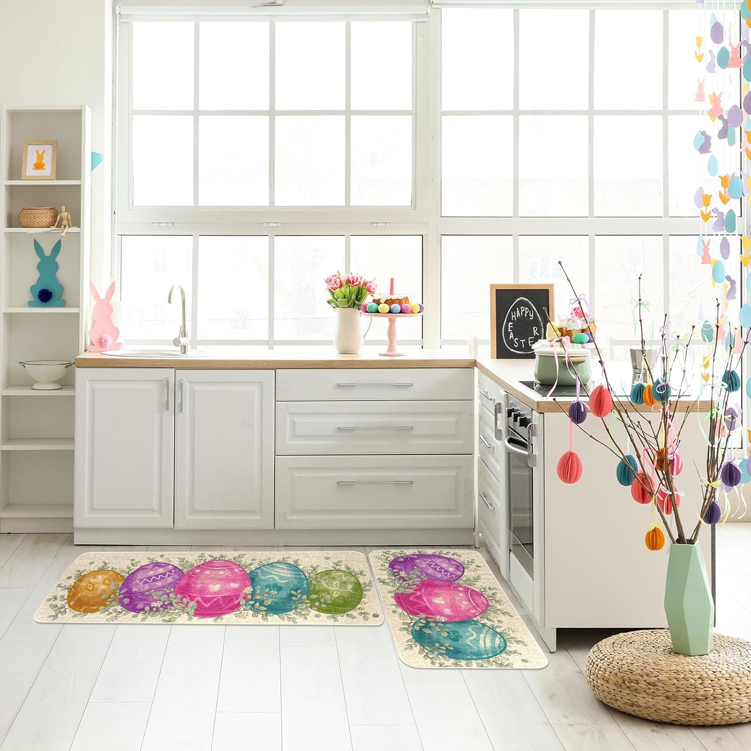 Moutina Colorful Easter Eggs Easter Kitchen Rugs Set of 2, Spring Summer Home Decor Low-Profile Kitchen Mats for Floor - 17x29 and 17x47 Inch