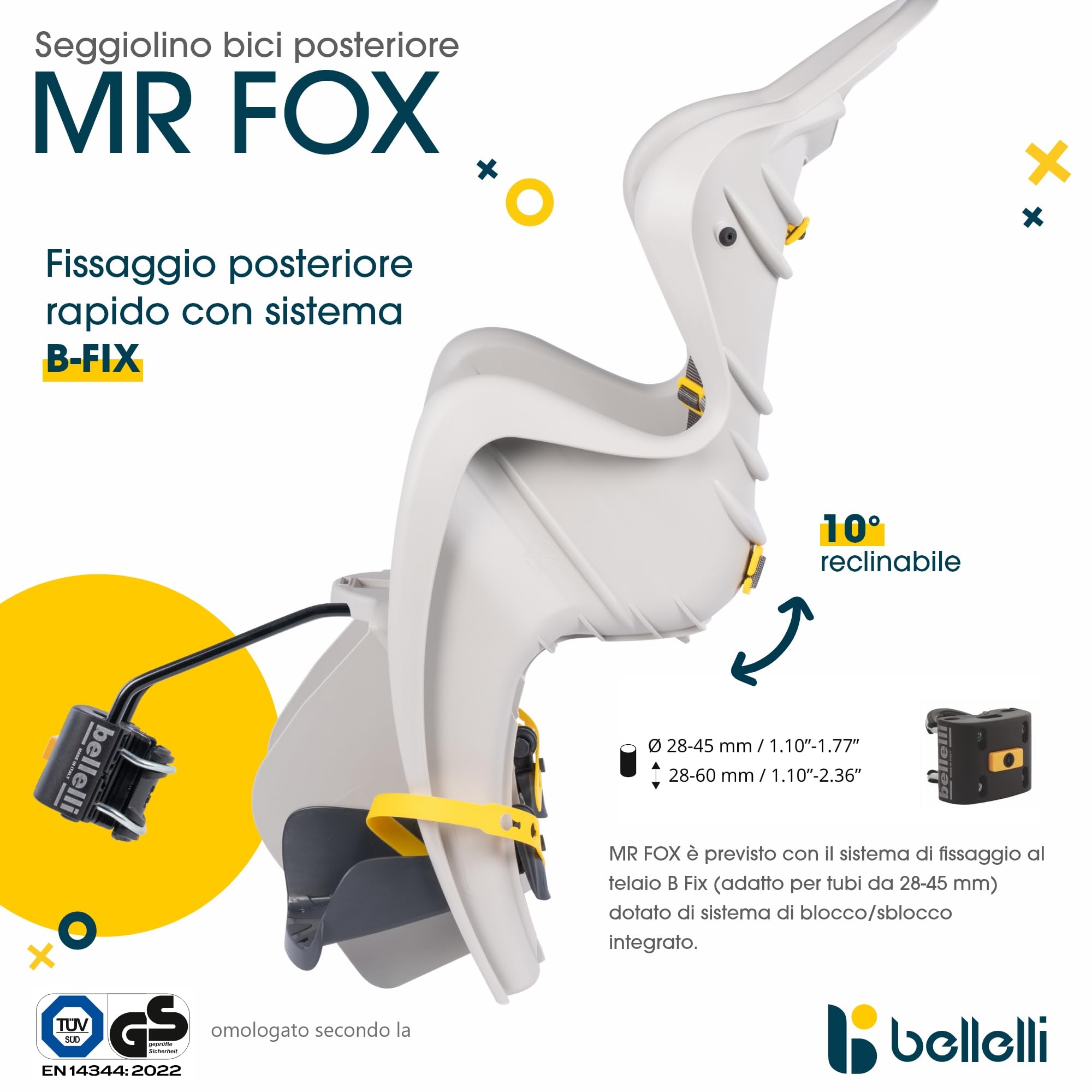 Bellelli | Mr Fox - Seggiolino Posteriore per Bicicletta - per Bambini Fino a 22 kg, da 3 a 8 Anni - Si Fissa al Telaio - Colore Silk Grey