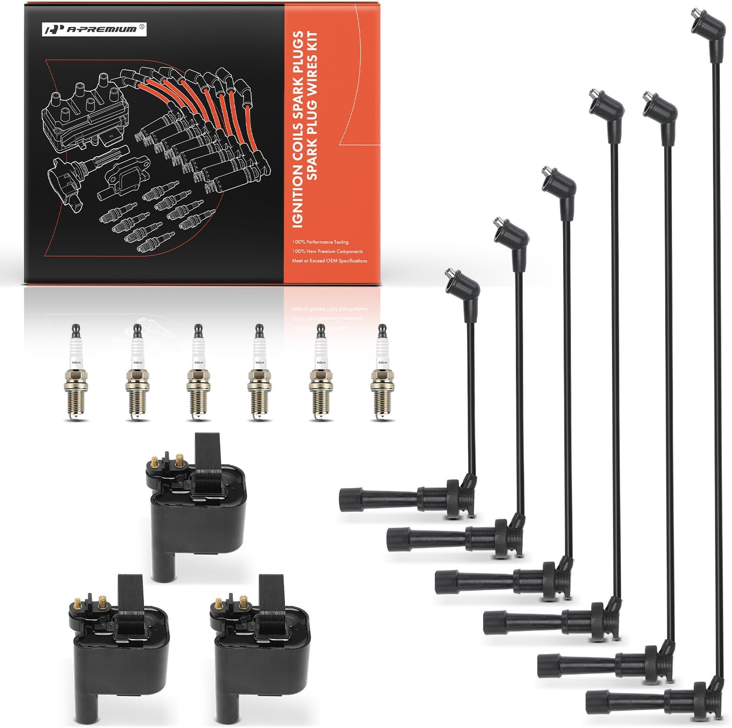 A-Premium 3 Ignition Coils with 6 Spark Plug Wires and 6 Iridium Spark Plugs Compatible with Dodge Stealth 1991-1996 & Mitsubishi 3000GT 1991-1999, Diamante 1992-1995, 3.0L