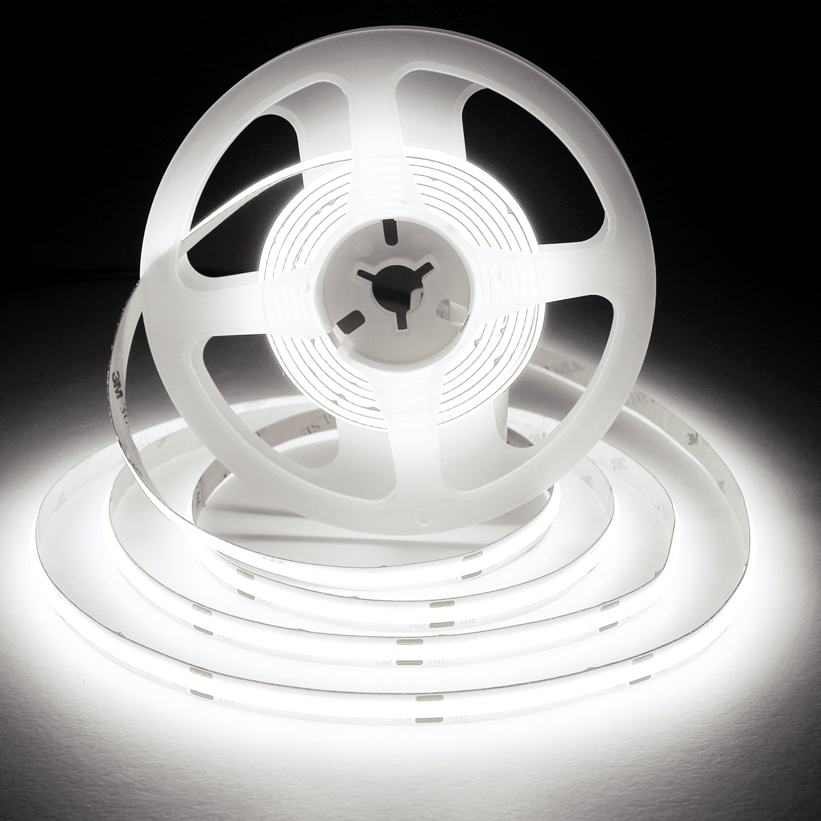 HCHEOG COB LED Strip Lights 5m,6000K Daylight White LEDStrips,Uniform DC24V LED Strip,with 320LEDS/M 8mm Wide, CRl90+,Dotless LED Tape for RoomDecoration (No Power Supply)