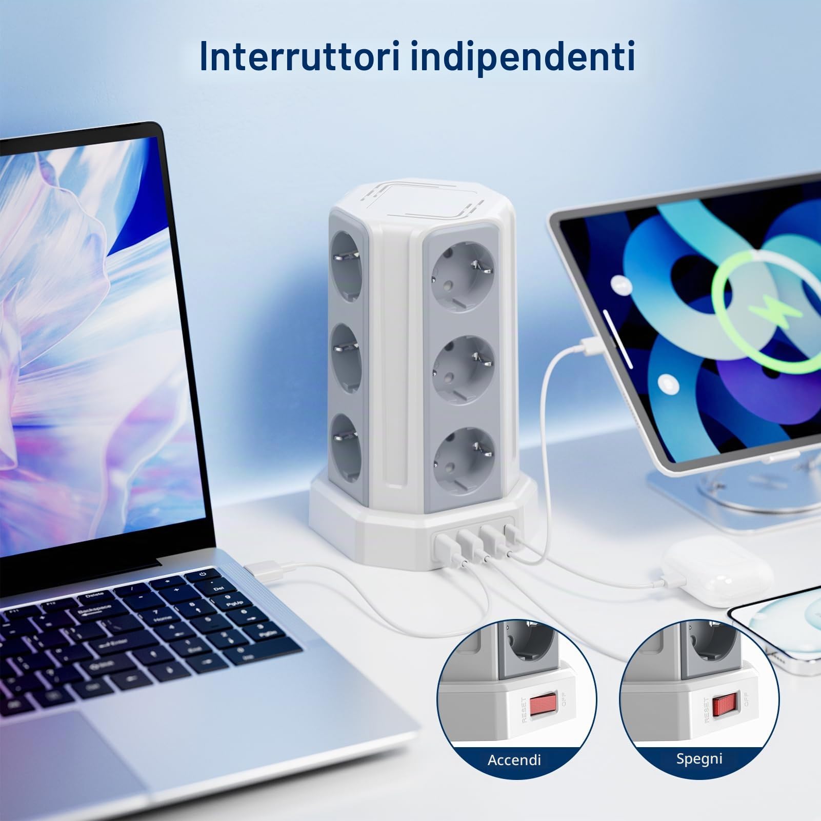 Sameriver, Ciabatta multipla con interruttore, 12 prese, con 3 USB A+1 USB C, ciabatta con cavo di prolunga da 5 m, protezione da sovratensione per casa, ufficio F (Schuko)
