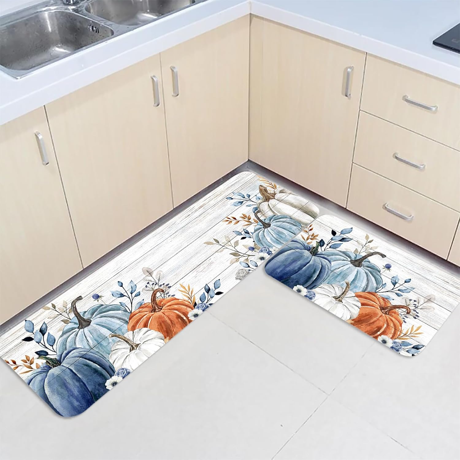 Fall Pumpkin Kitchen Mat Set 2 Pieces Thanksgiving Blue White and Orange Ombre Pumpkins Rustic Wood Grain Non Slip Kitchen Rugs Washable Runner Rug Mats for Kitchen Sink, 15.7" x 23.6"+15.7" x 47.2"