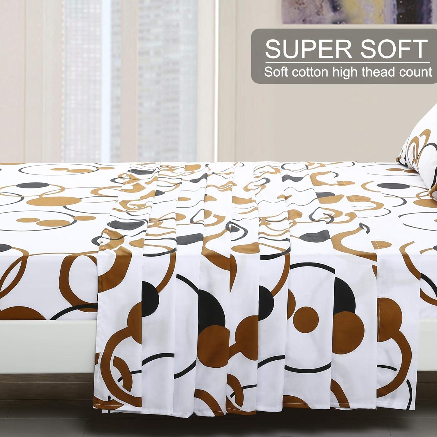 ABAKAN Cal King Bed Sheet Set 4 Piece 100% Cotton Hotel Luxurious Egyptian Sheet Breathable Fade Resistant Deep Pocket Bedding Sheet Set (Cal King, Charm Circle)