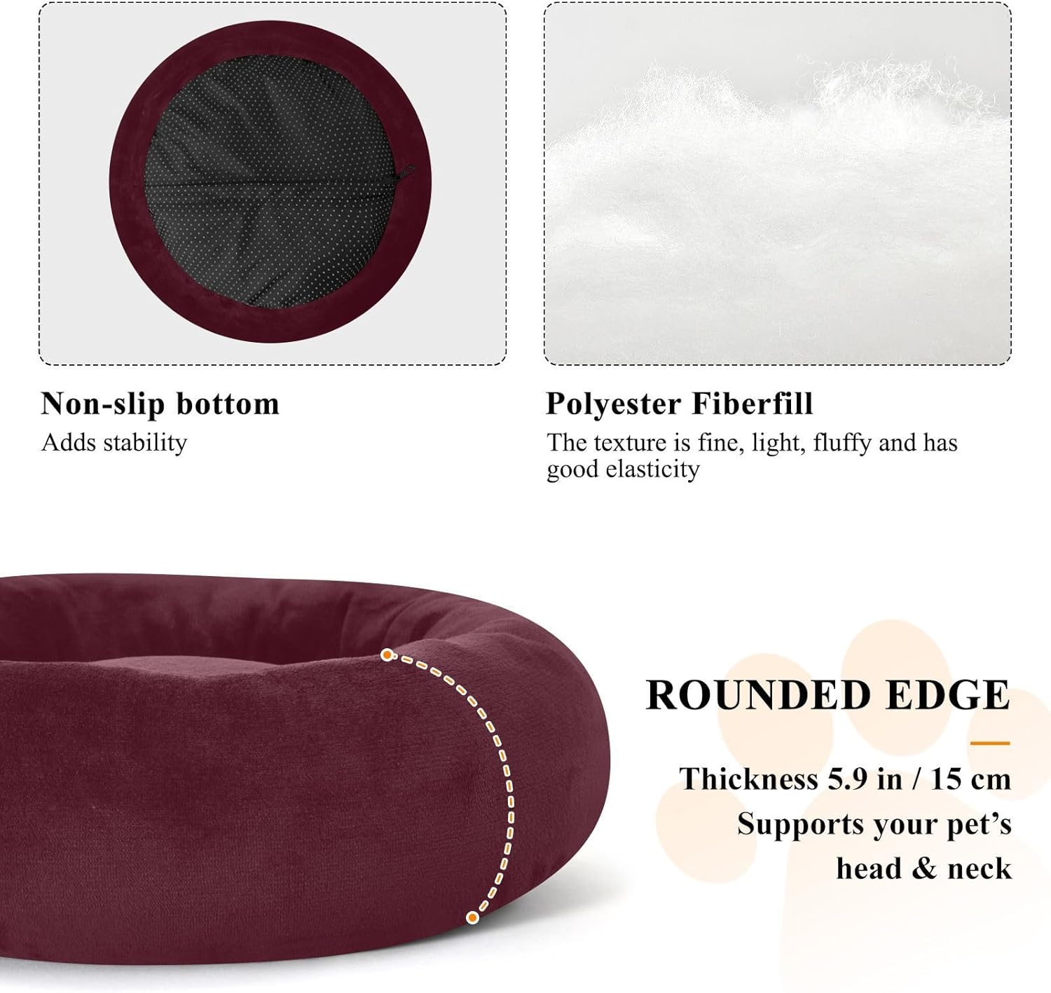 Dog Bed Ultra Soft Fluffy Comfortable Cat Bed, Wine Red Washable Dog Beds Anti-Slip Round Pet Beds for Medium Dogs